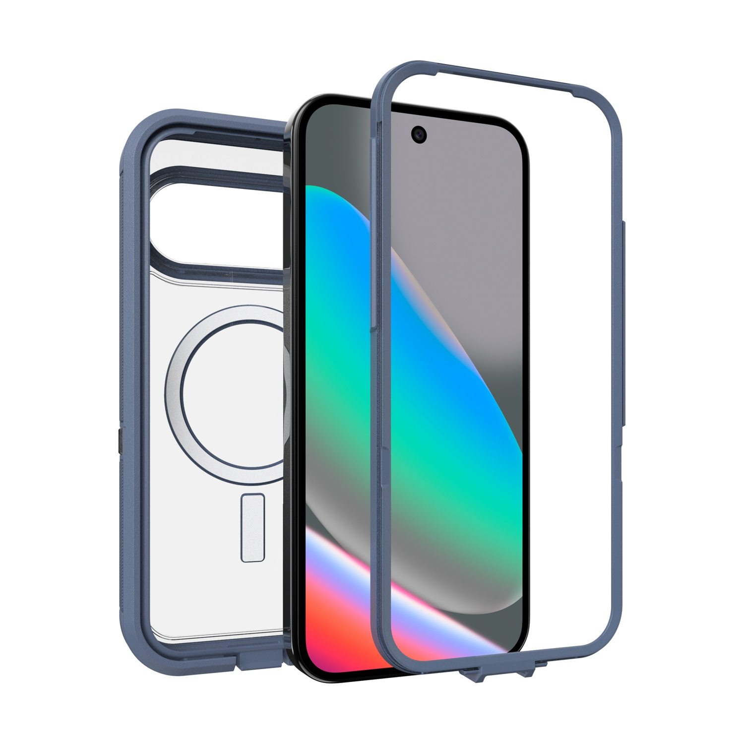Custodia blu con retro trasparente per smartphone, su sfondo bianco.