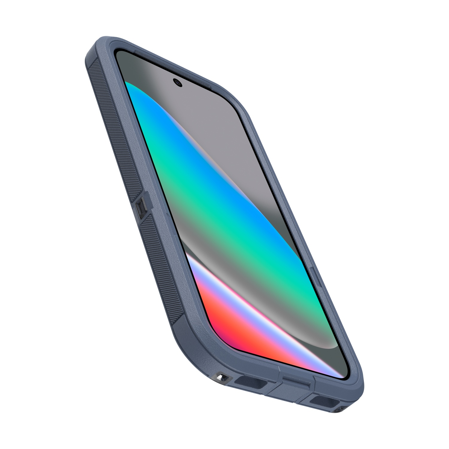 Una custodia blu per telefono con uno schermo colorato su sfondo bianco.