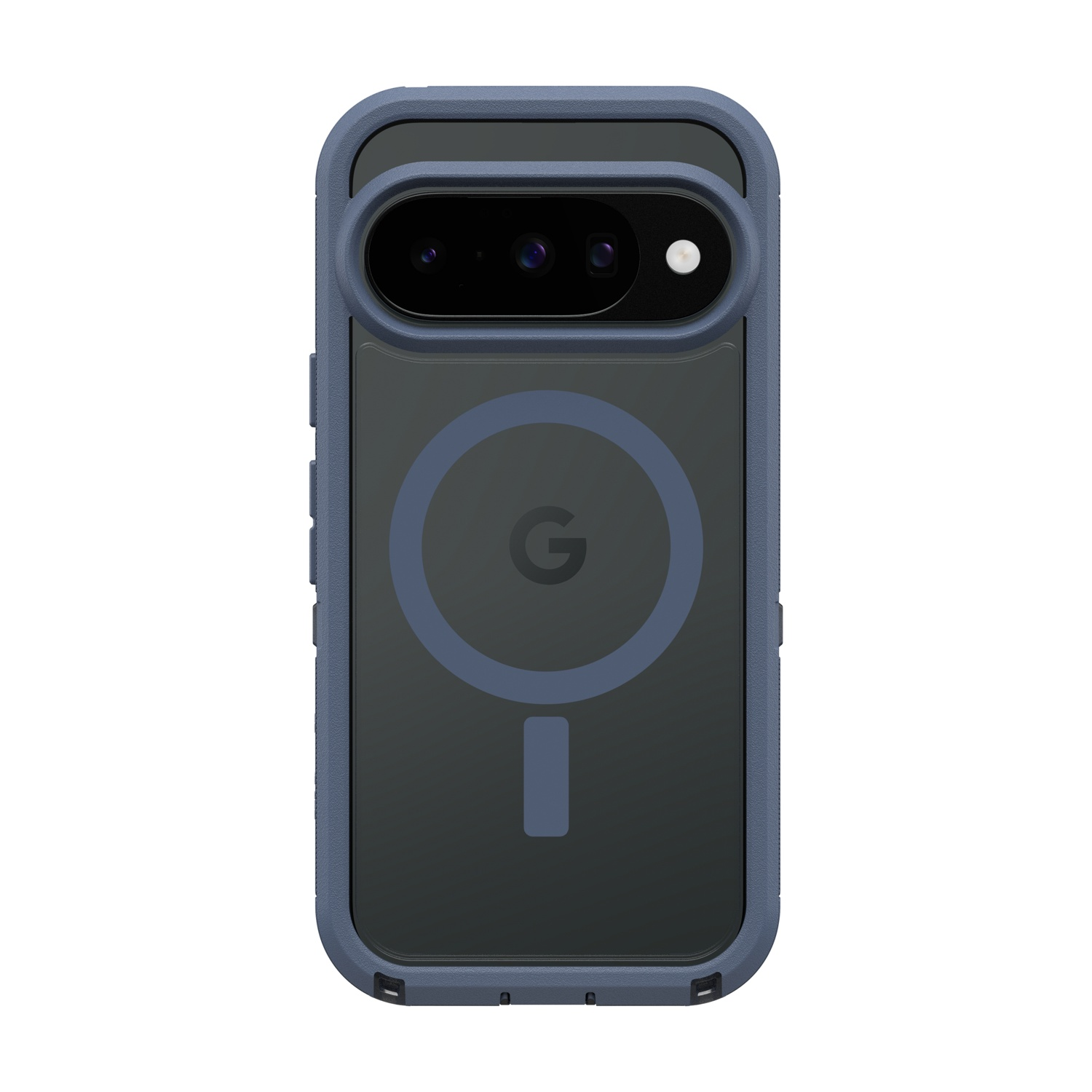 Una custodia blu per telefono con modulo fotocamera, logo Google e anello magnetico.