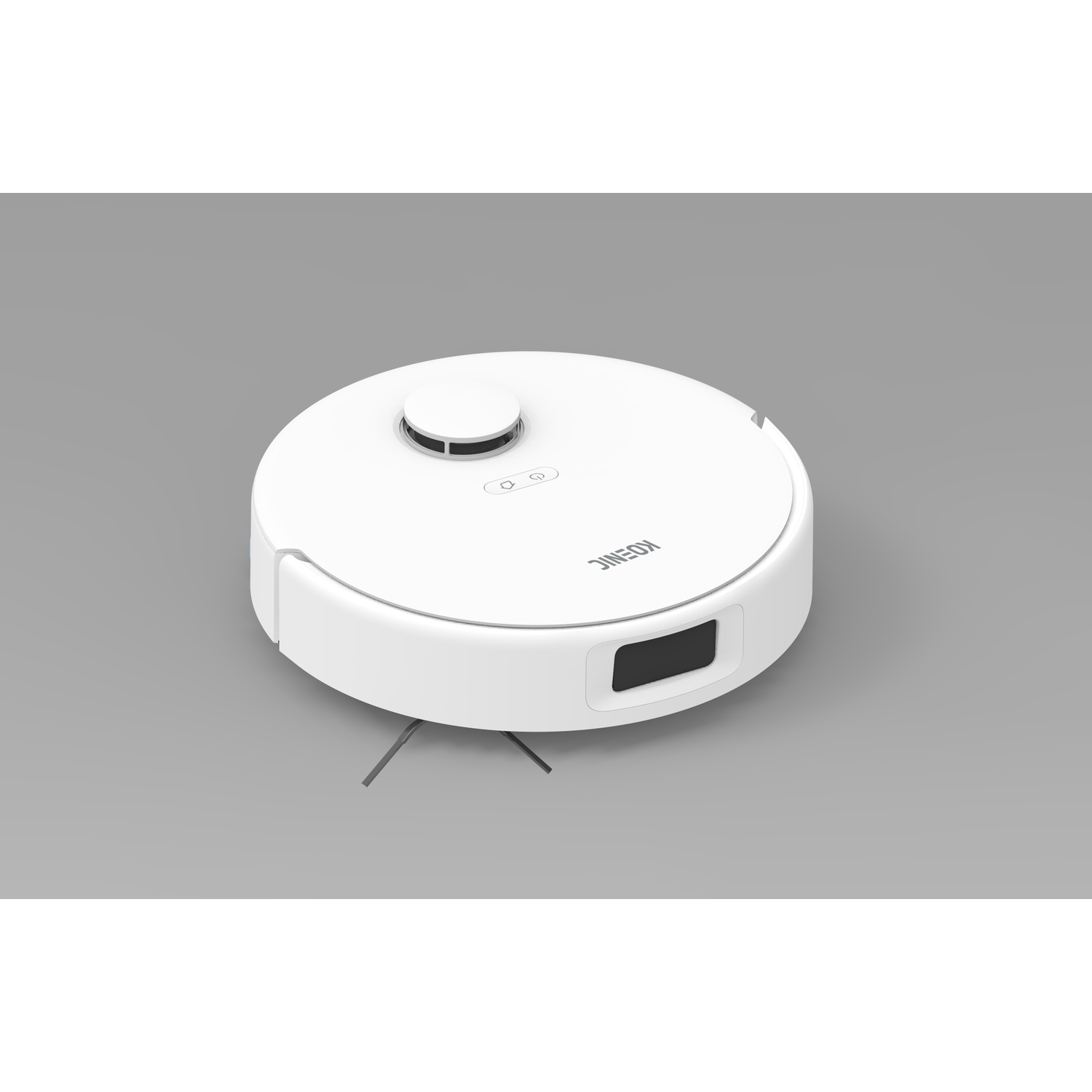 Un robot aspirapolvere bianco con spazzole su sfondo grigio.