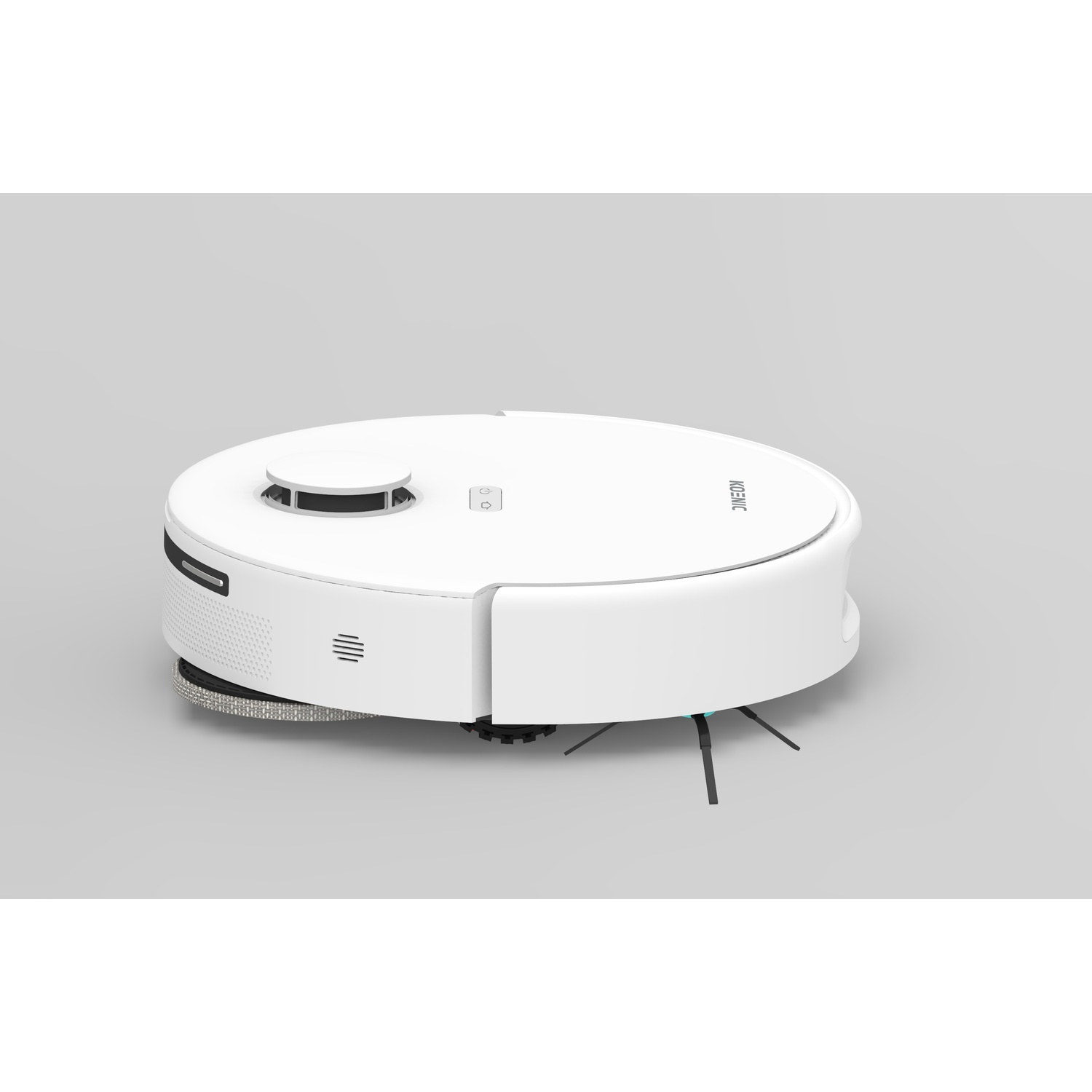 Un robot aspirapolvere bianco con spazzole e contatti di ricarica su sfondo grigio.
