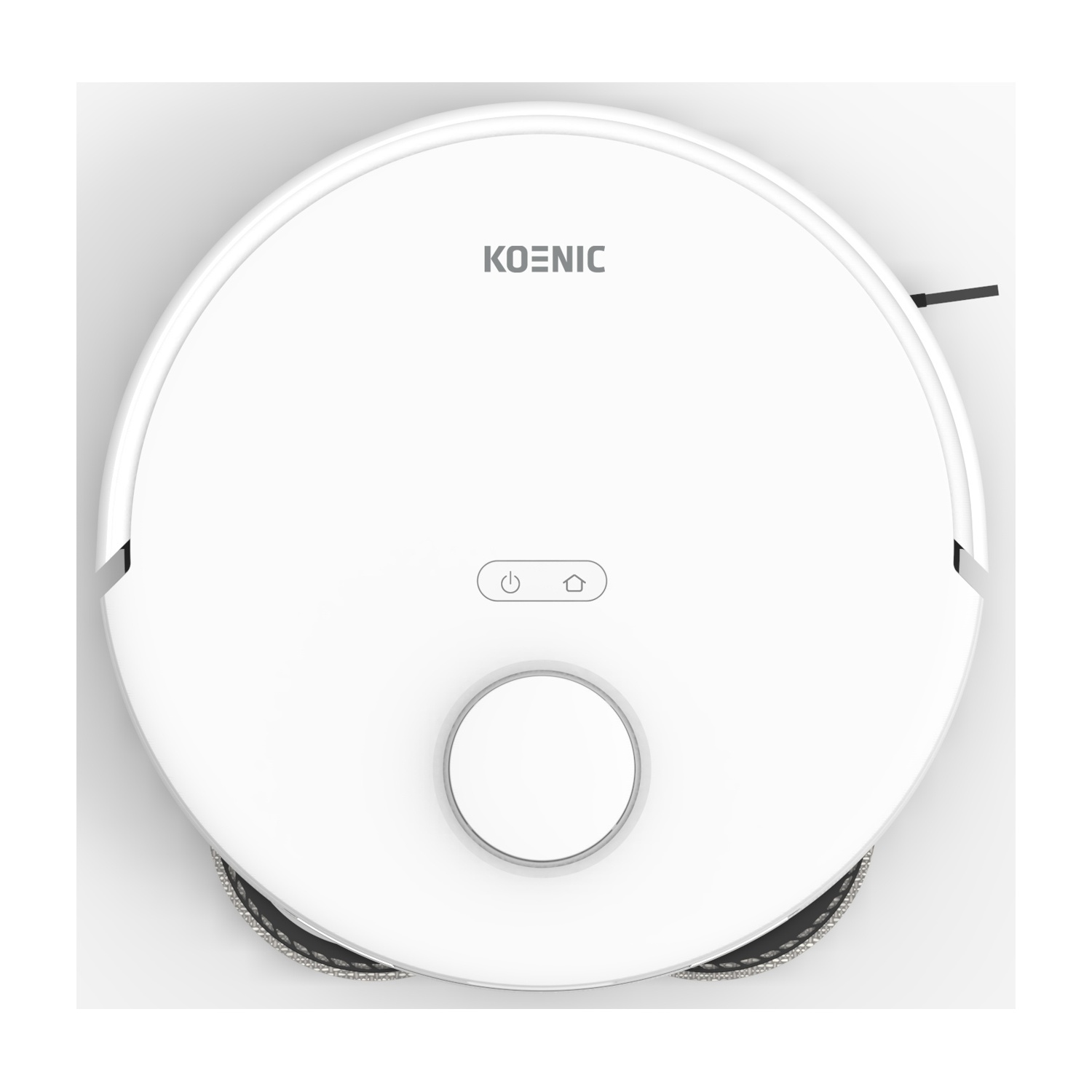 Un robot aspirapolvere bianco con logo KOENIC e due pulsanti.