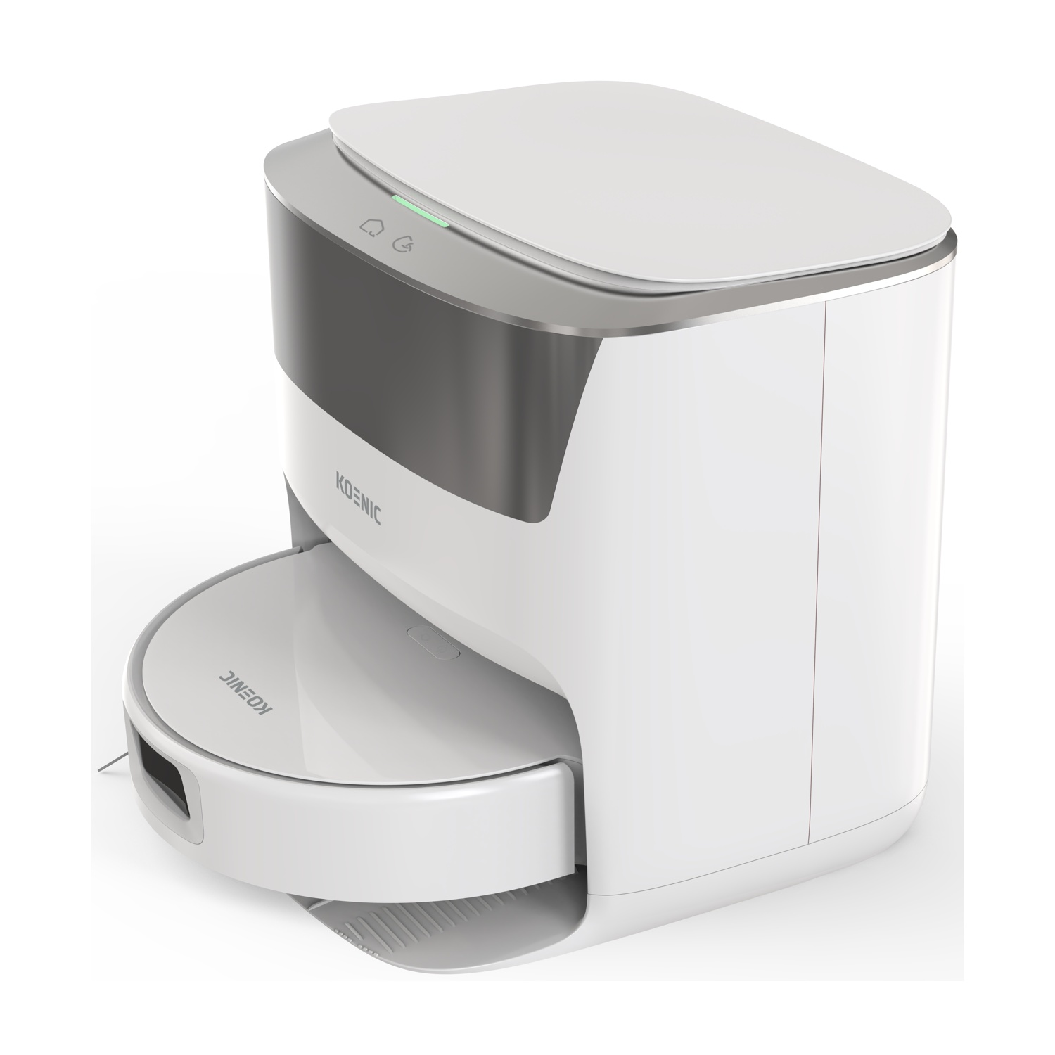 Un robot aspirapolvere bianco con base di ricarica e spia verde.