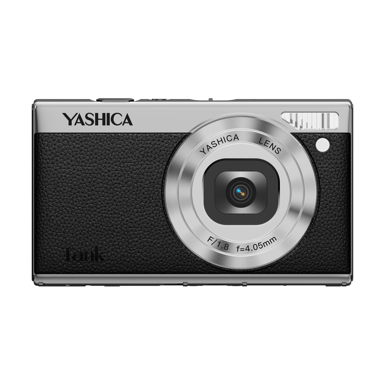 Fotocamera digitale Yashica argento e nero con ghiera obiettivo.