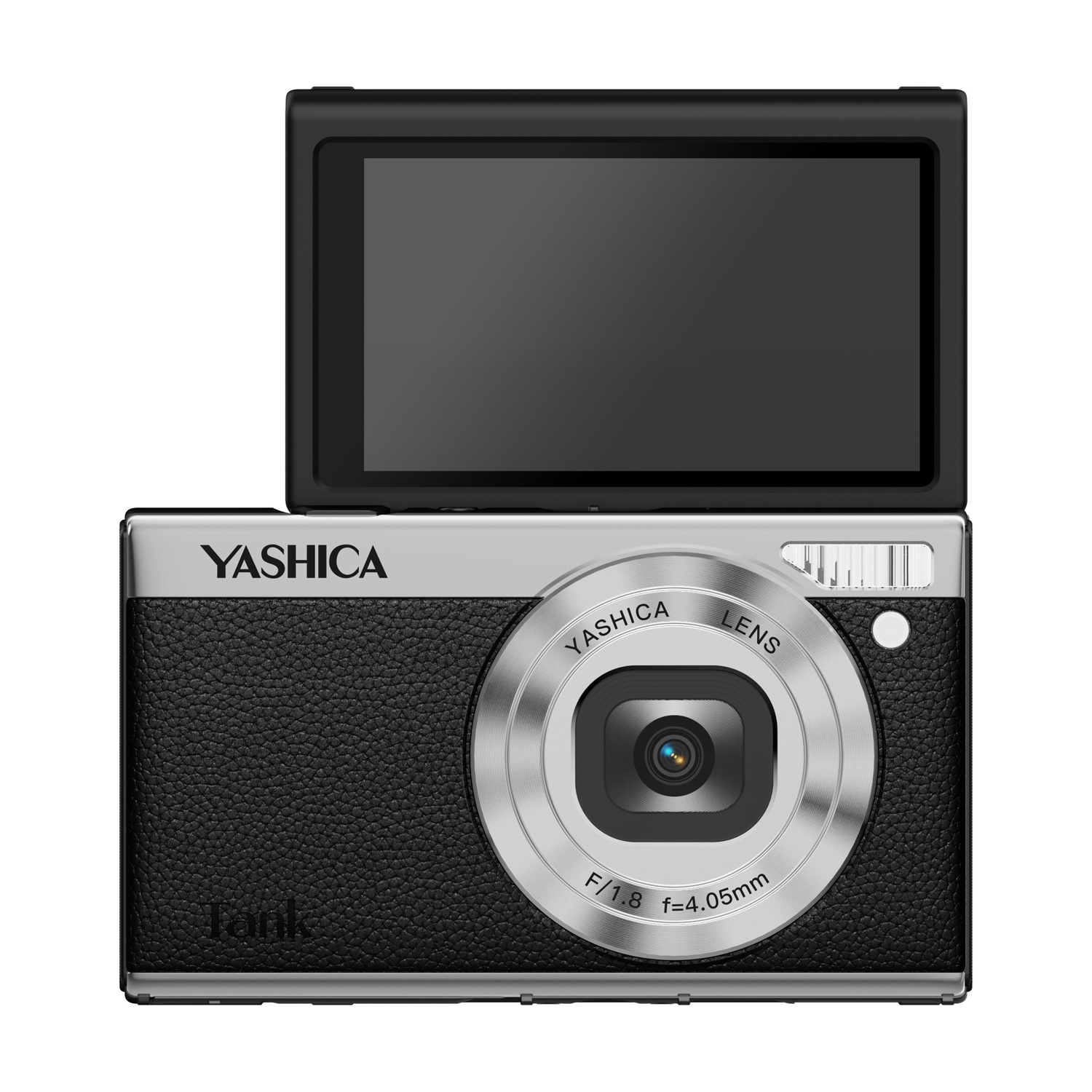 Fotocamera digitale con corpo argento, impugnatura in pelle nera e schermo ribaltabile.