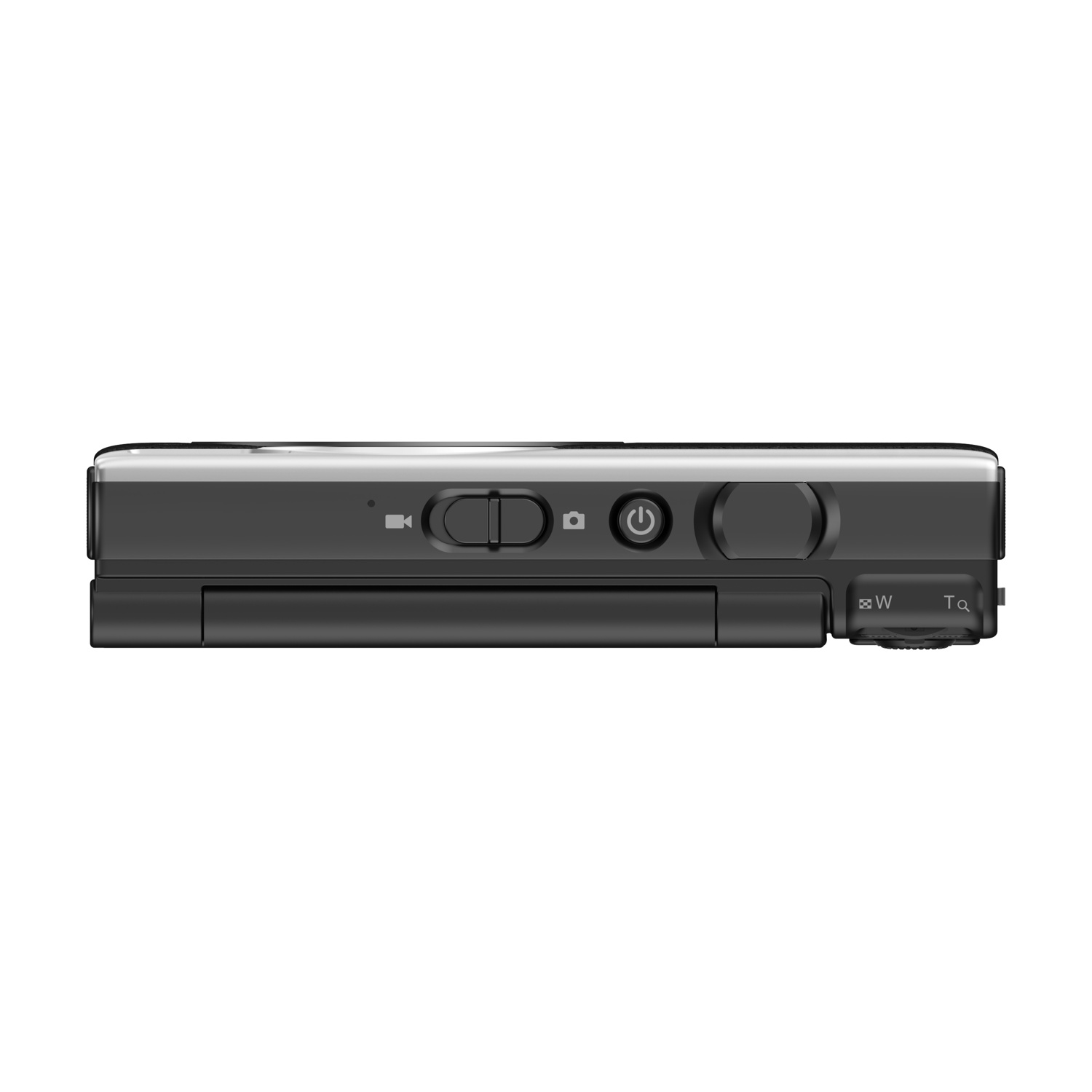 Fotocamera grigio scuro con controlli, pulsante di accensione e zoom.