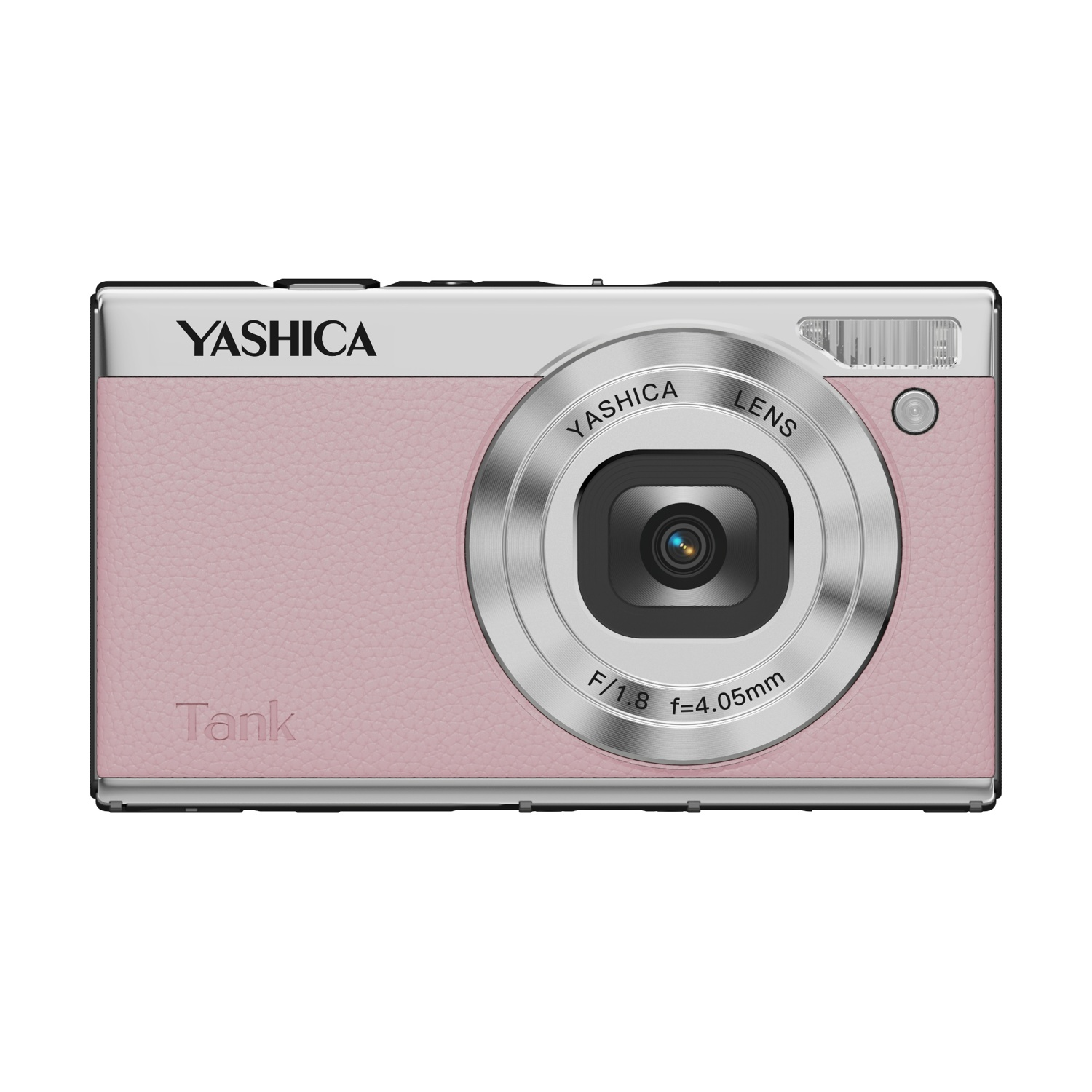 Una fotocamera Yashica rosa con accenti argentati e obiettivo.