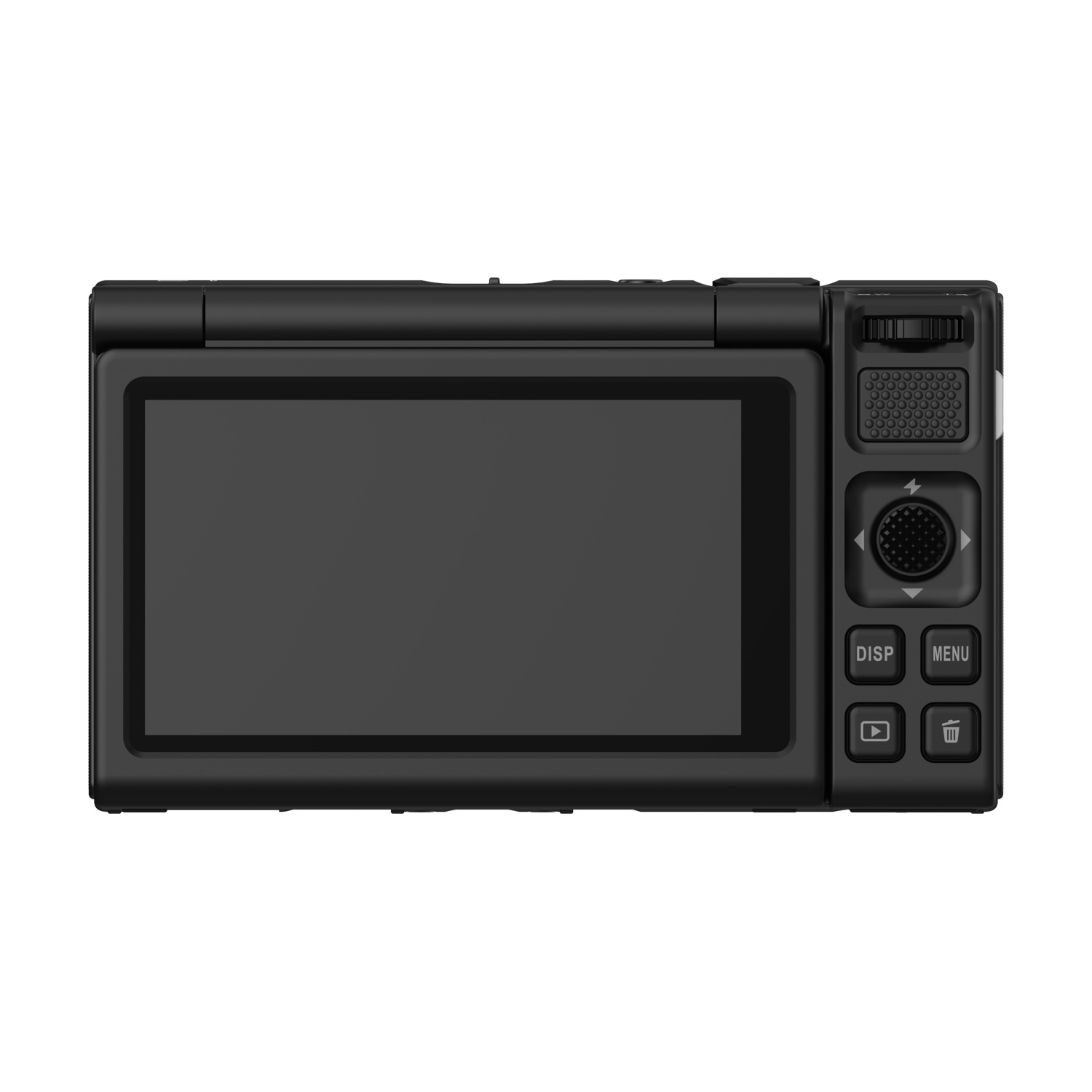 Vista posteriore di una fotocamera digitale nera con schermo e controlli.