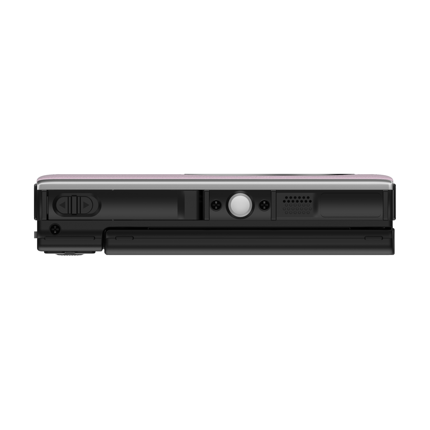 Primo piano di un controller grigio con pulsanti neri e scocca superiore rosa.