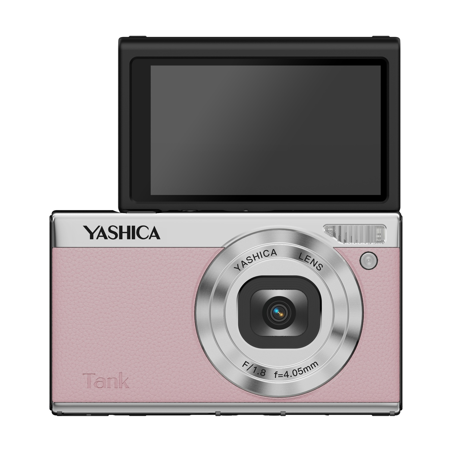 Una fotocamera digitale Yashica rosa con schermo ribaltabile.