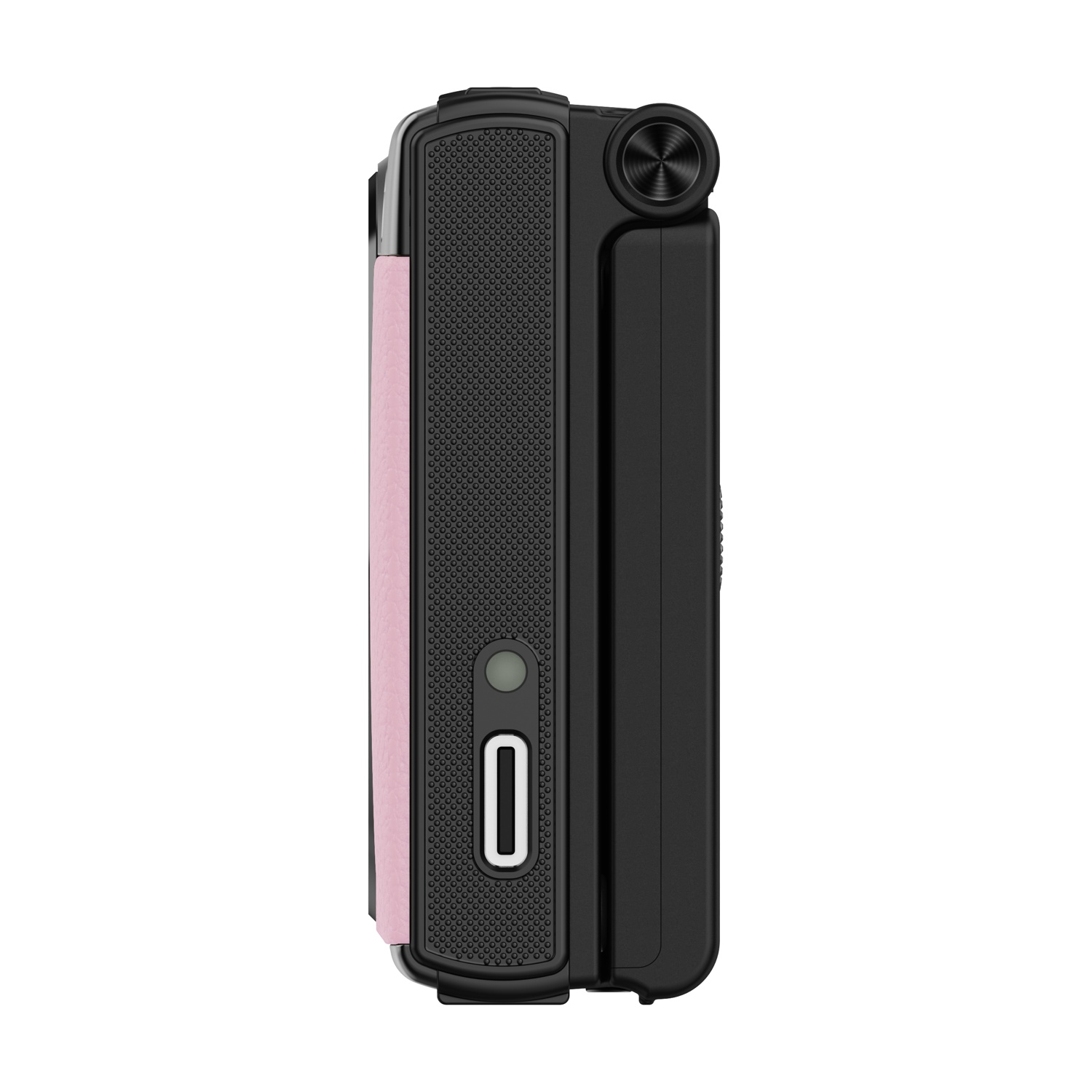 Fotocamera nera con finiture rosa, vista laterale.