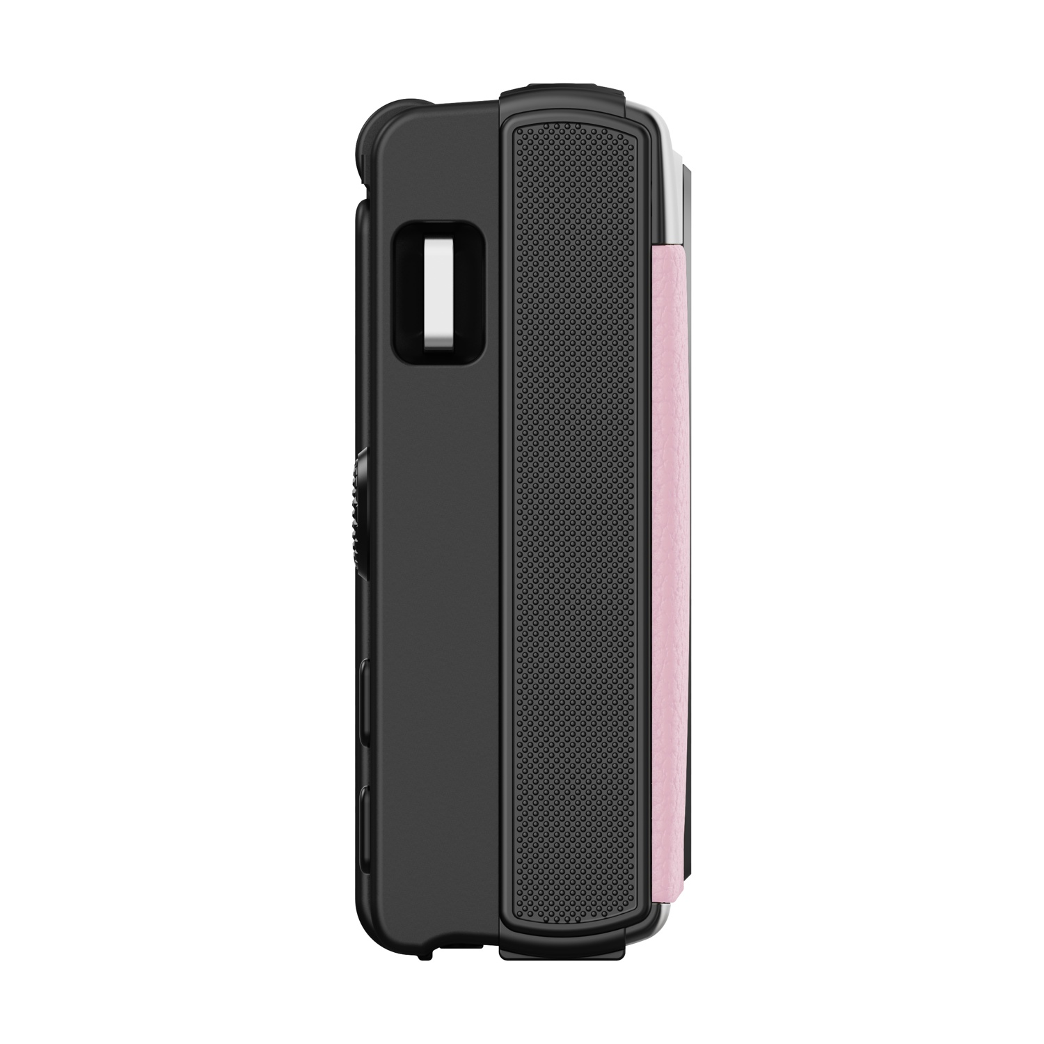 Custodia nera per telefono con accento rosa e motivo a griglia.