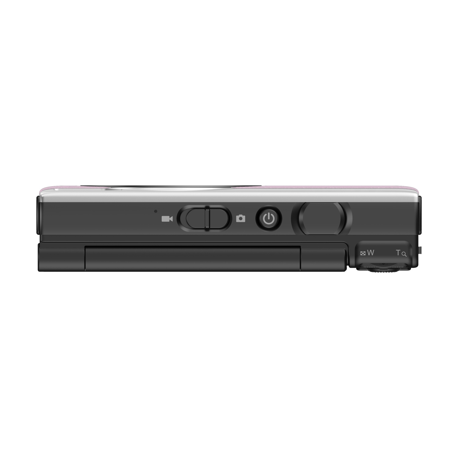 Fotocamera argento con accenti rosa, controlli laterali con ghiera zoom.