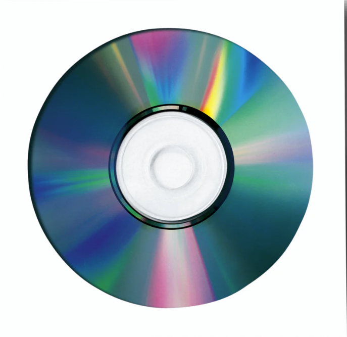 Eine CD mit einem Loch in der Mitte, reflektierend mit bunten Lichtern.
