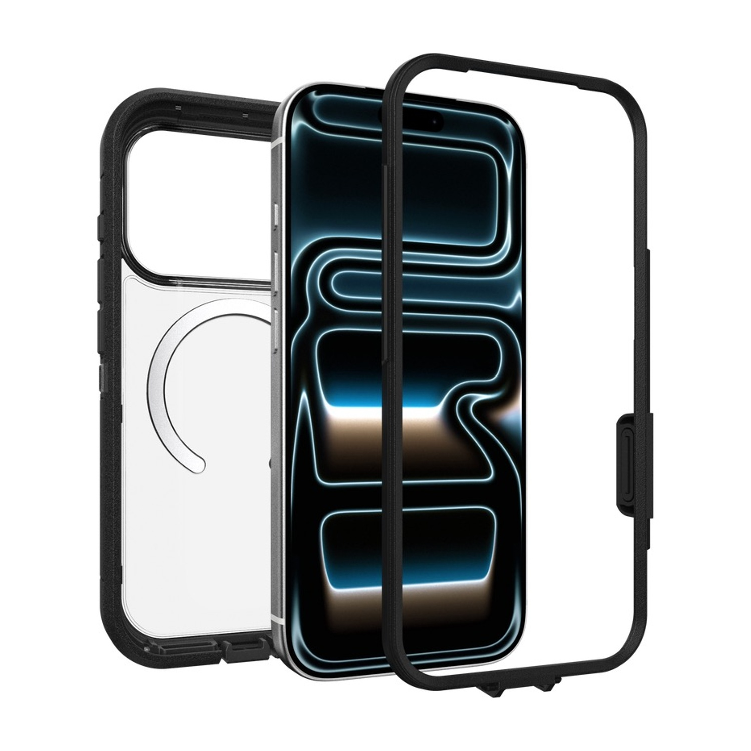 Una custodia trasparente per telefono con bordo nero attorno a uno smartphone.