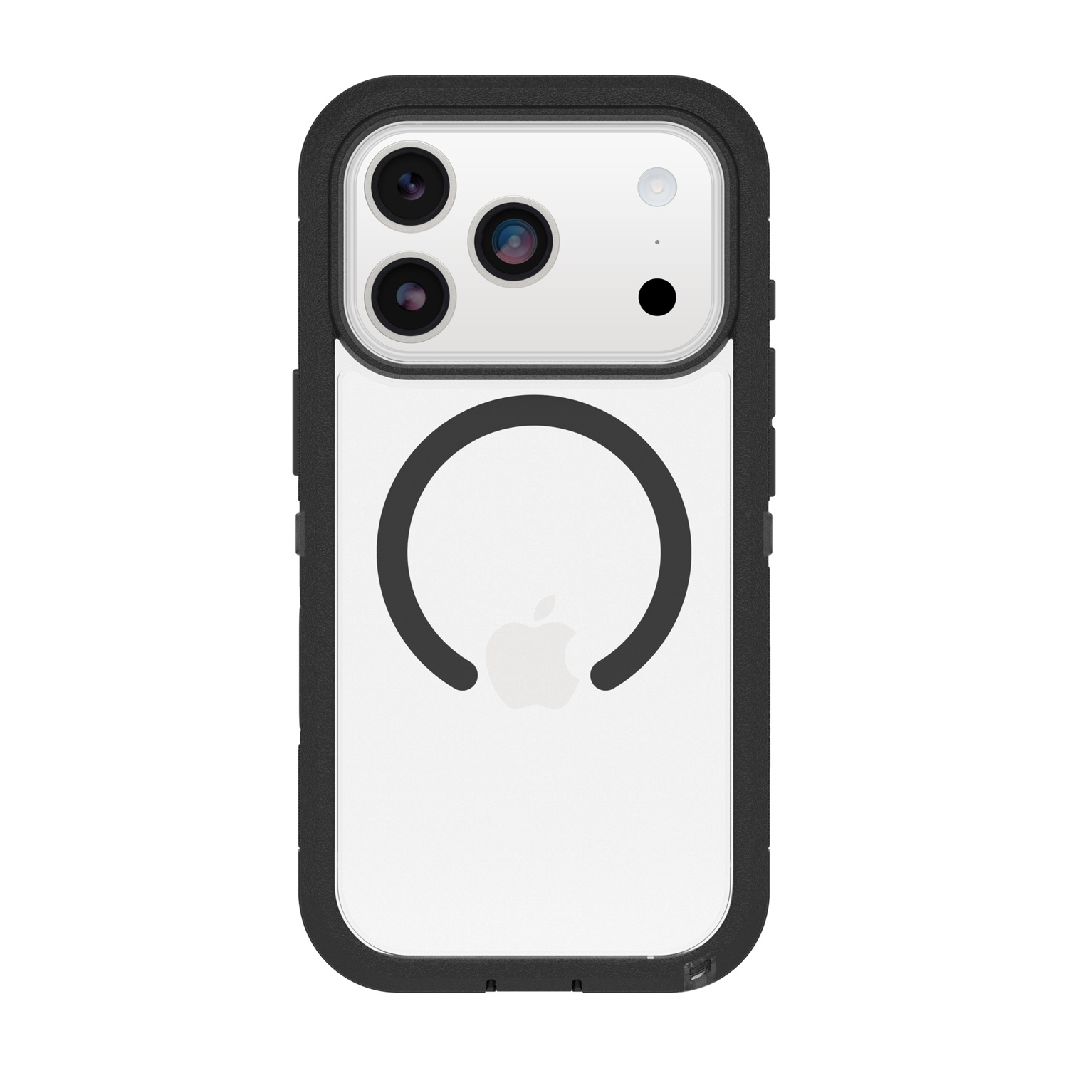 Custodia nera con retro trasparente e logo Apple per smartphone.
