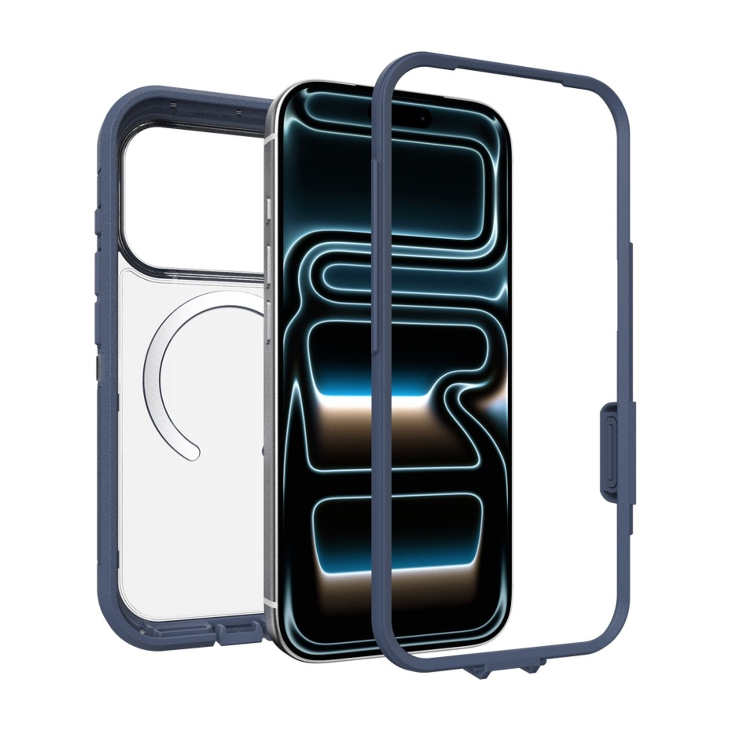 Una custodia blu navy con retro trasparente e parte del telefono.