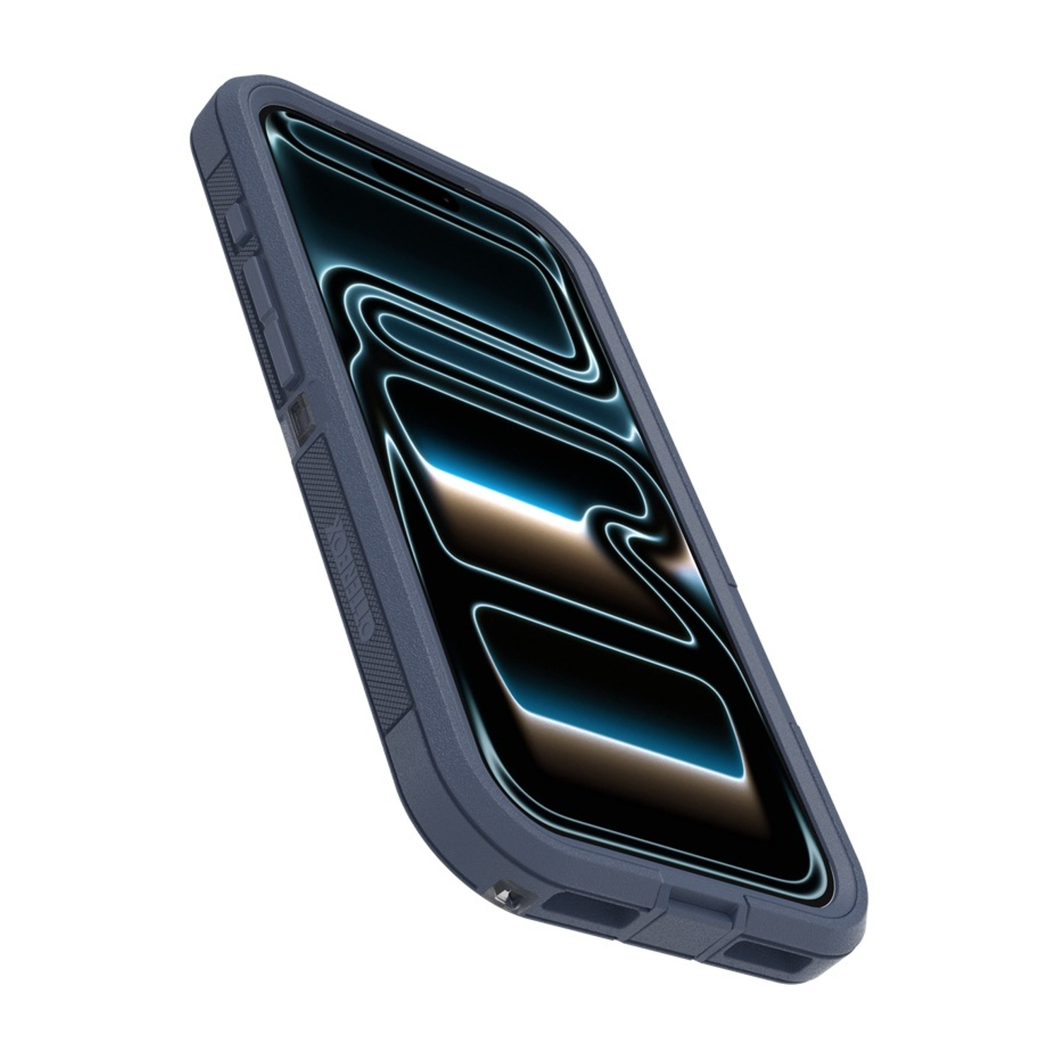 Uno smartphone blu scuro in una custodia protettiva, su sfondo bianco.