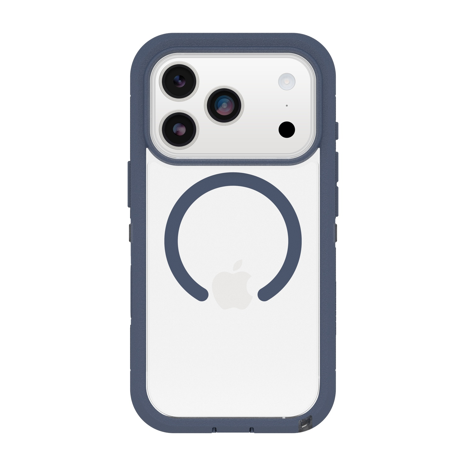 Custodia blu scuro per telefono con retro trasparente e logo Apple.