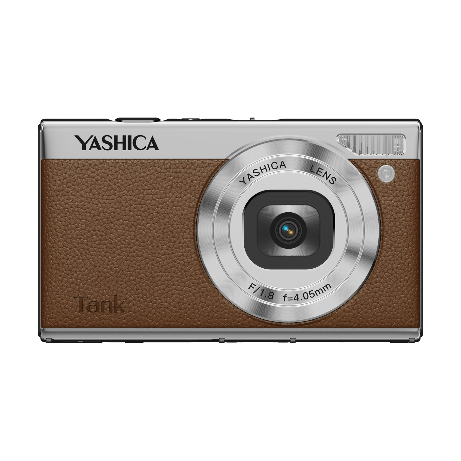 Fotocamera Yashica Tank con pelle marrone e dettaglio lente argento.
