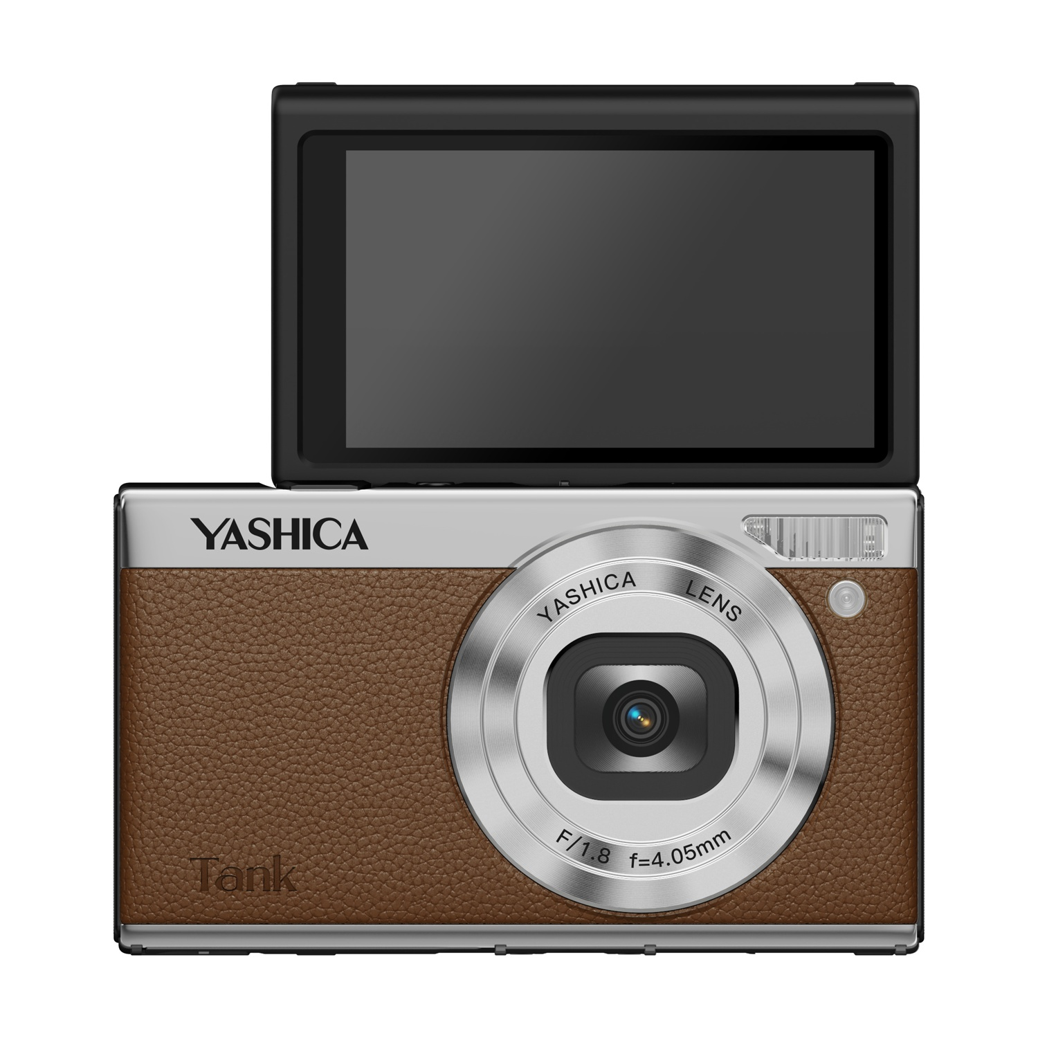 Una fotocamera Yashica marrone con obiettivo argentato e schermo ribaltabile.