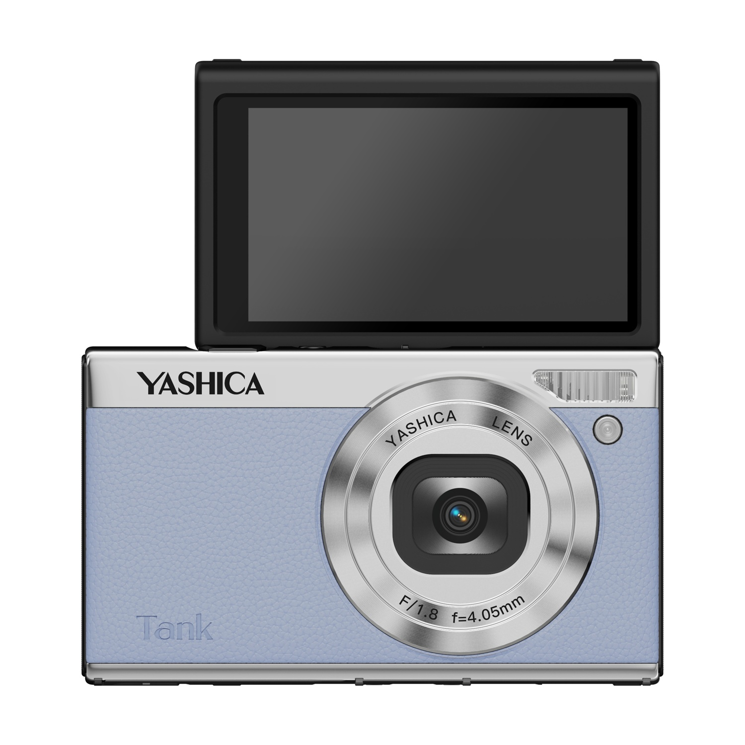 Una fotocamera digitale Yashica Tank azzurra con schermo flip-up e obiettivo argentato.