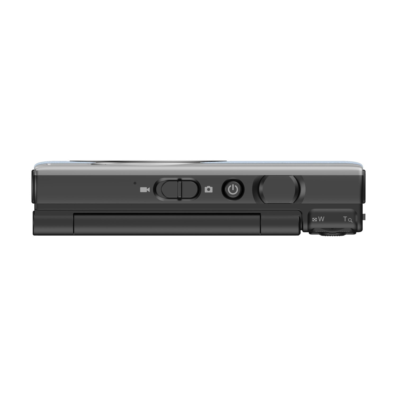 Una fotocamera digitale nera con controlli sulla superficie superiore.