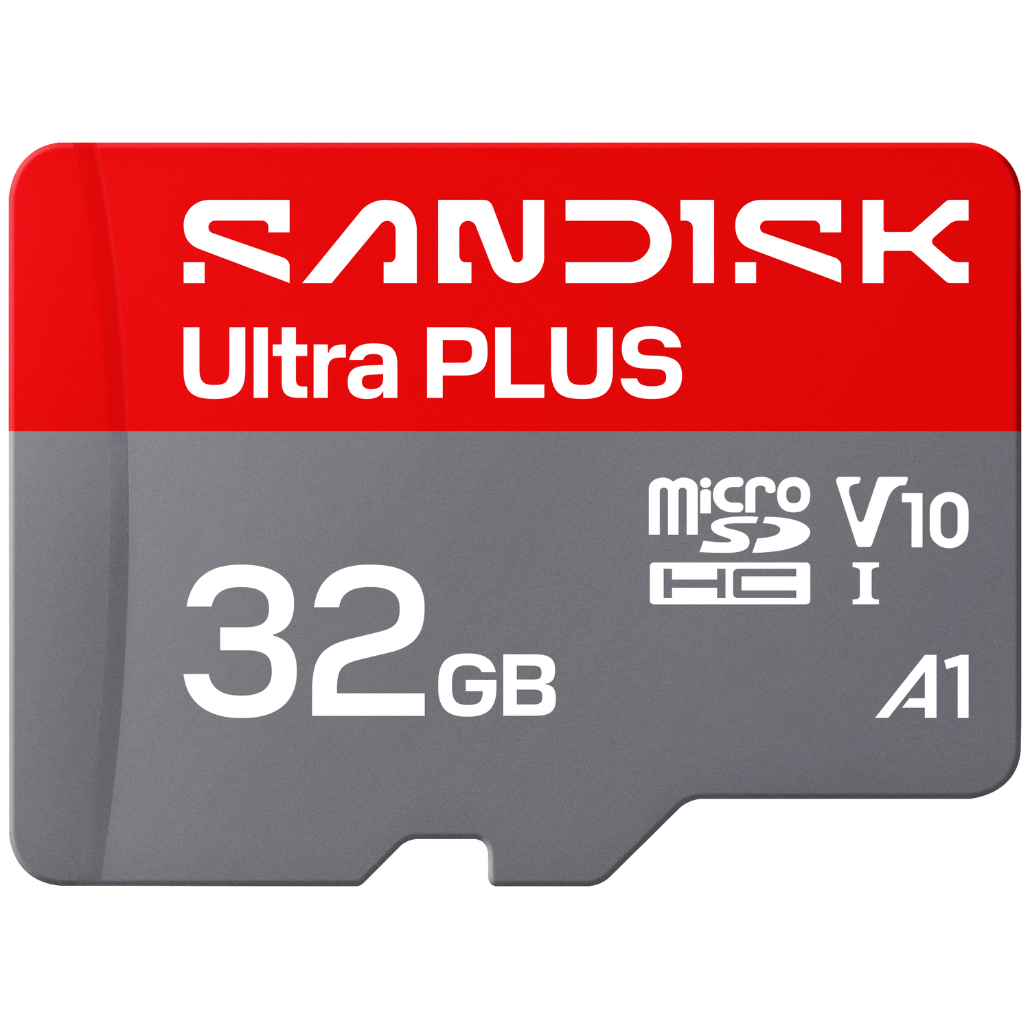 Een Sandisk 32GB MicroSD-kaart met Ultra Plus en V10 A1 classificatie.