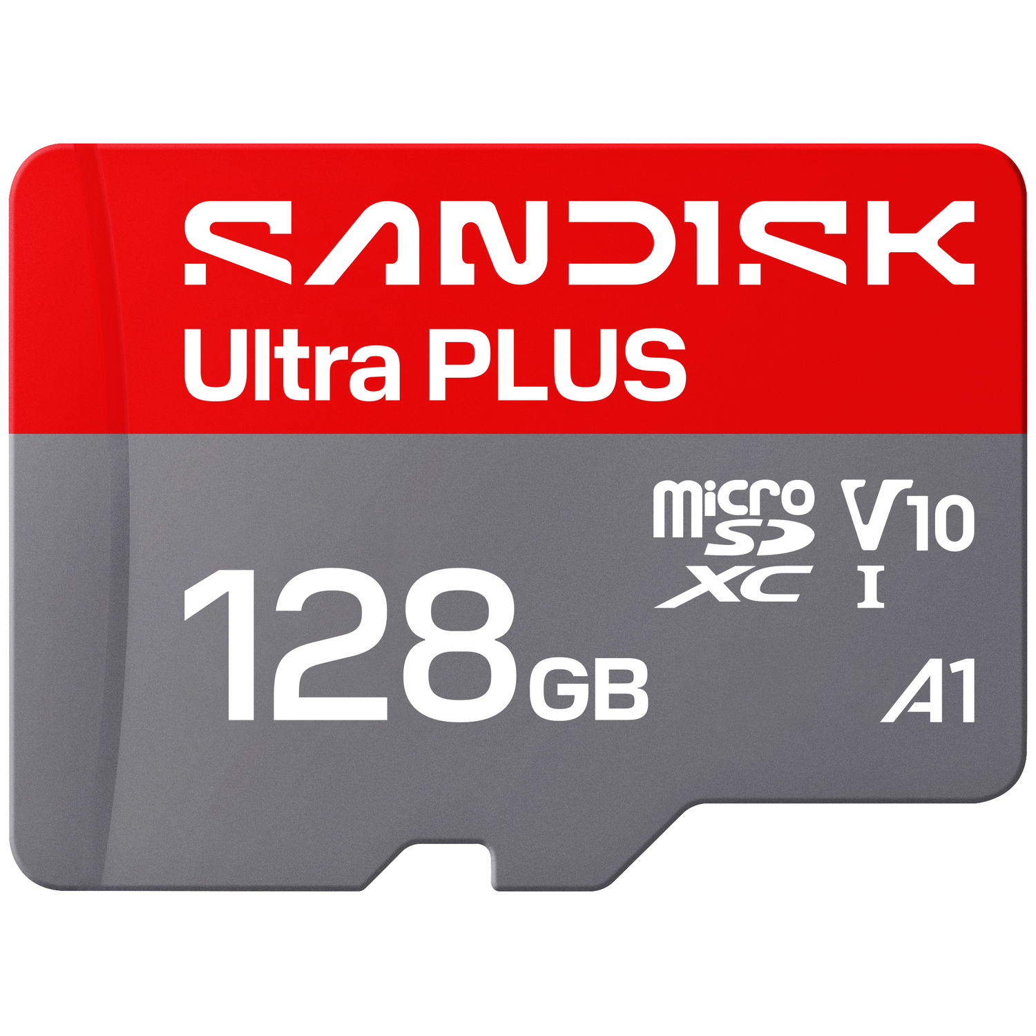 Sandisk Ultra PLUS MicroSDXC 128GB geheugenkaart met A1-rating.