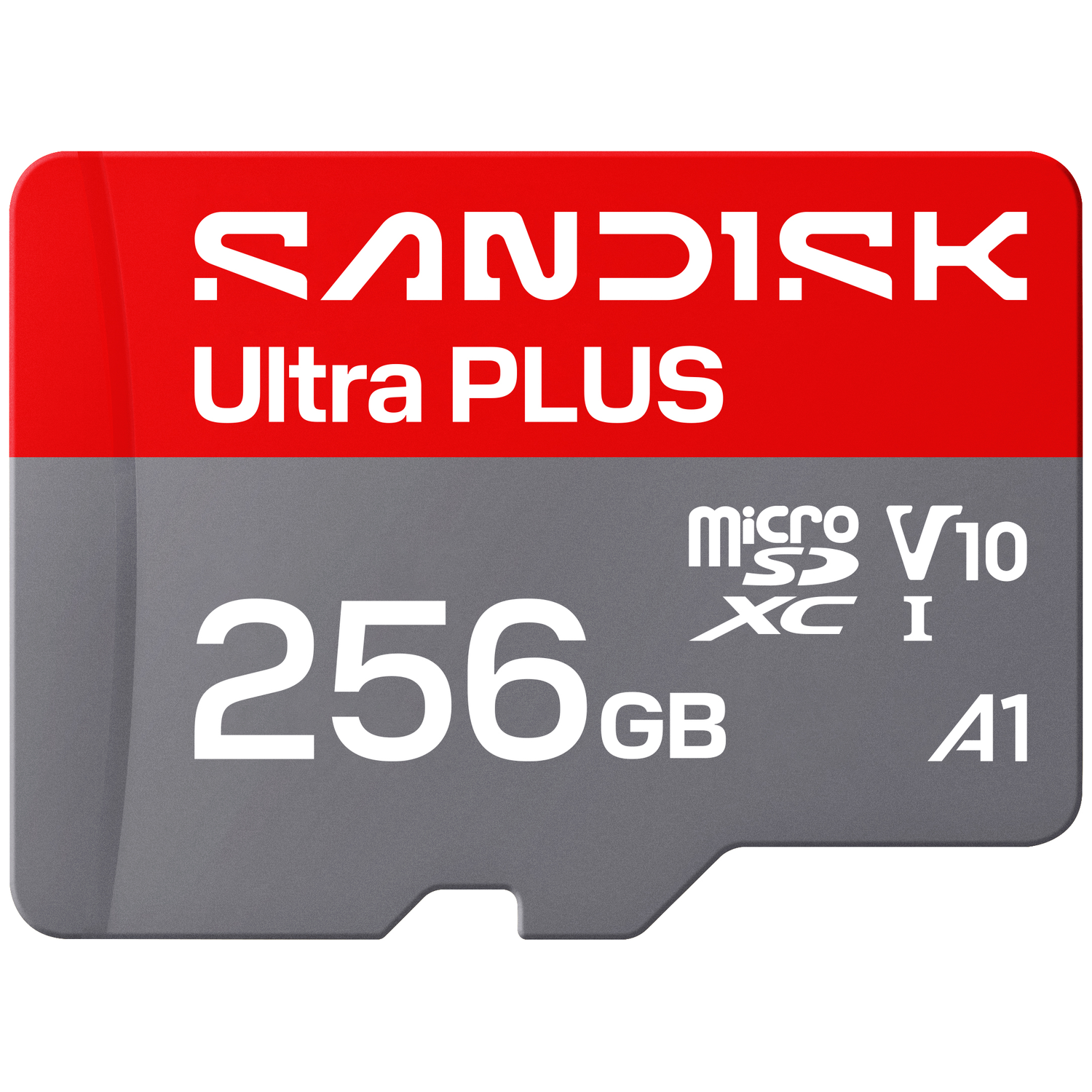 SanDisk Ultra PLUS 256GB microSDXC geheugenkaart met V10 en A1 classificatie.
