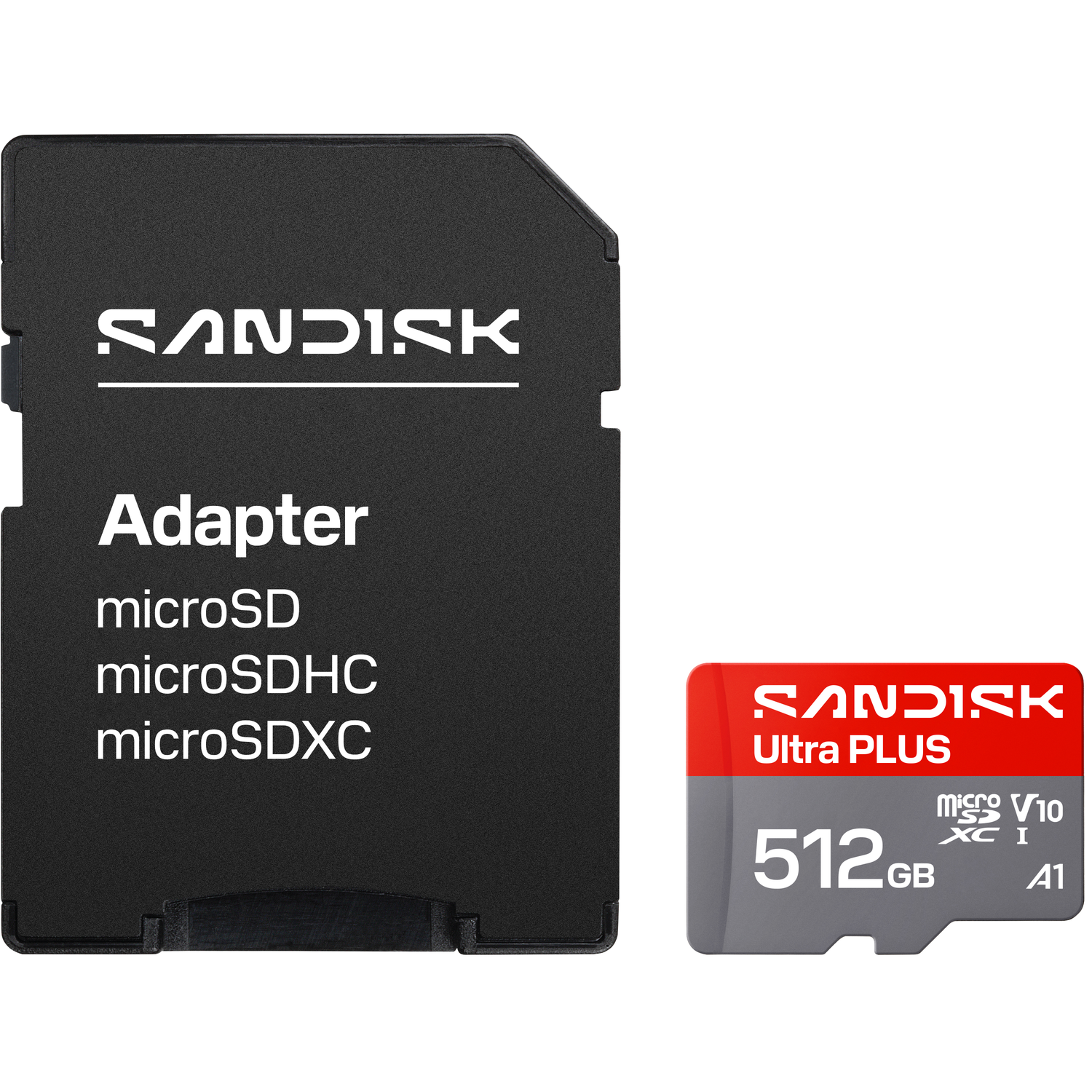 Sandisk adapter en 512GB Ultra PLUS microSD-kaart met V10, XC I, A1-classificatie.