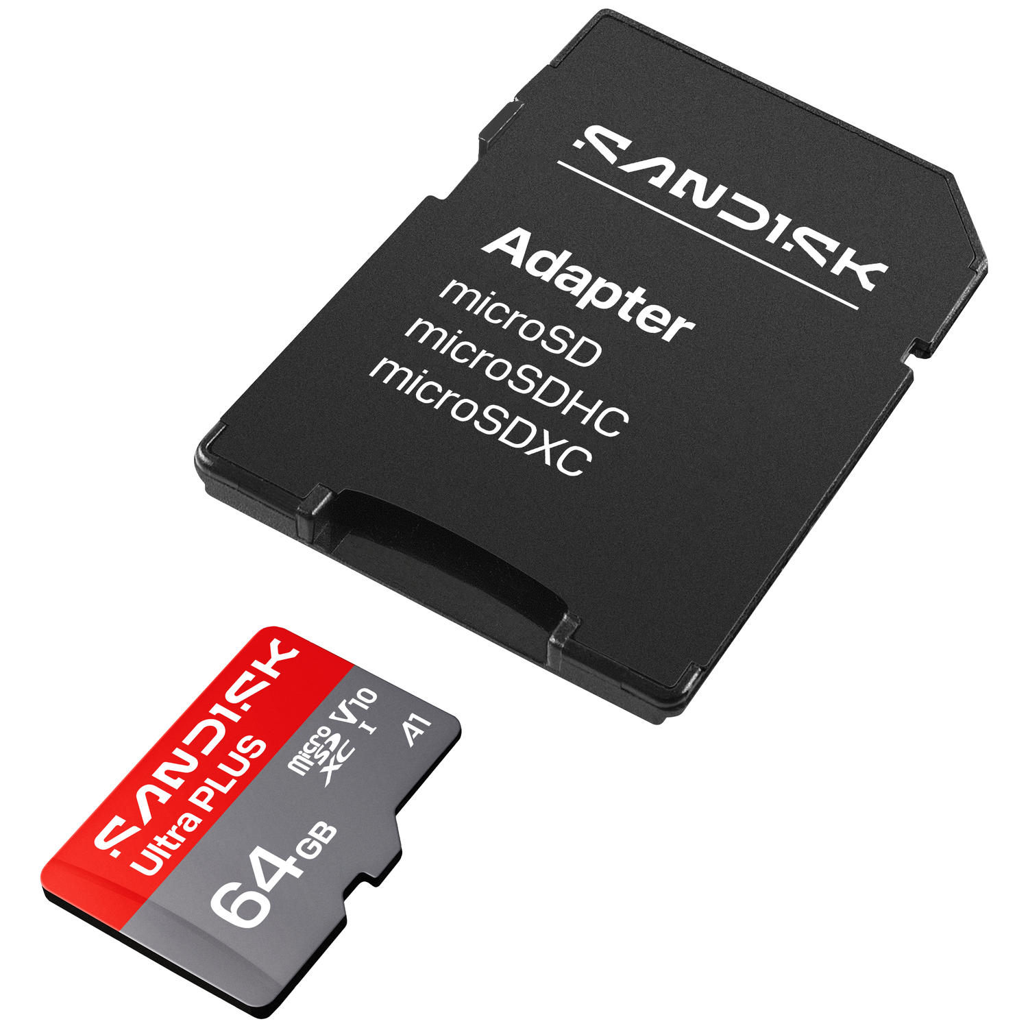 Een zwarte SanDisk adapter en een rood/grijze 64GB SanDisk Ultra Plus microSD-kaart.