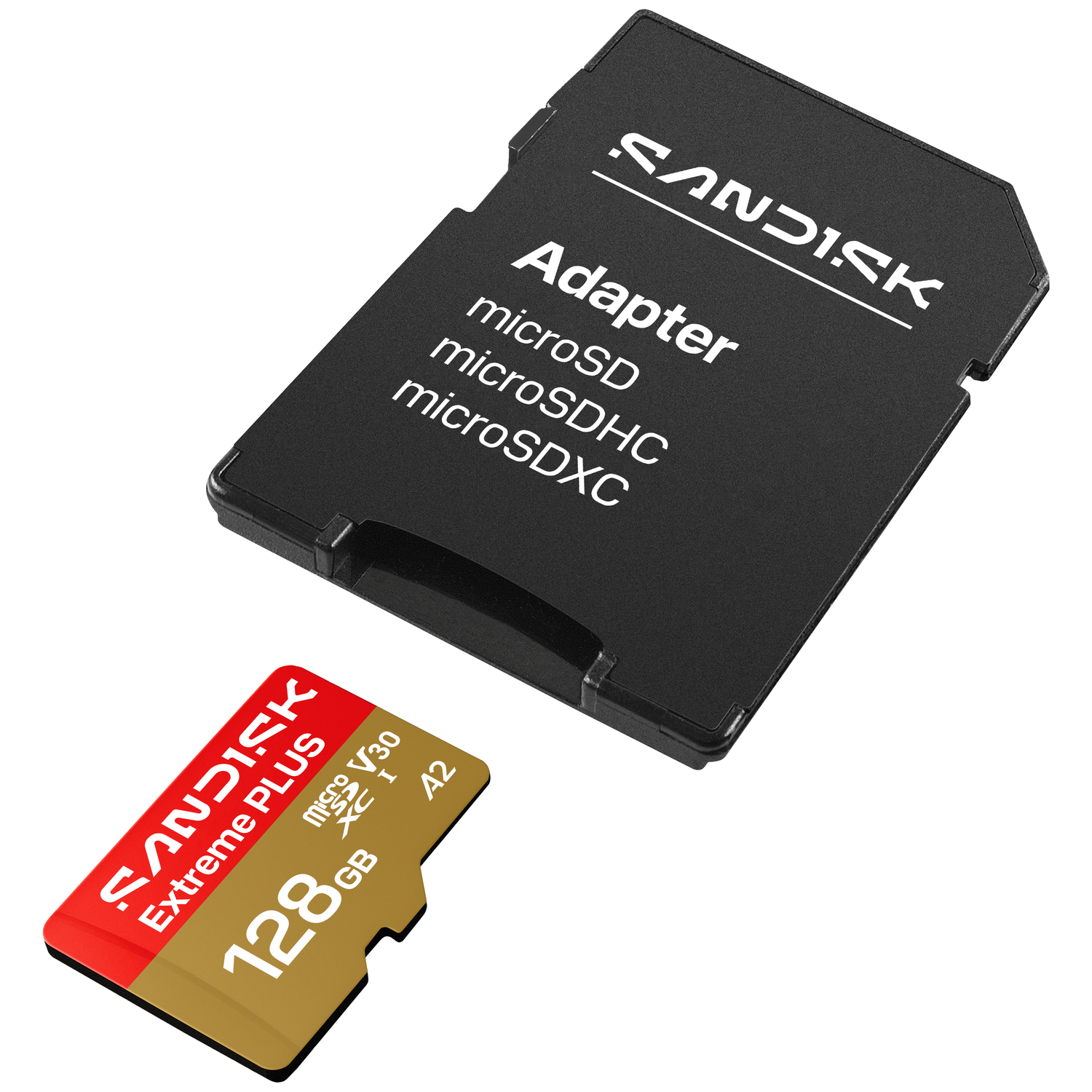 SanDisk adapter with a 128GB microSDXC card, red and gold.