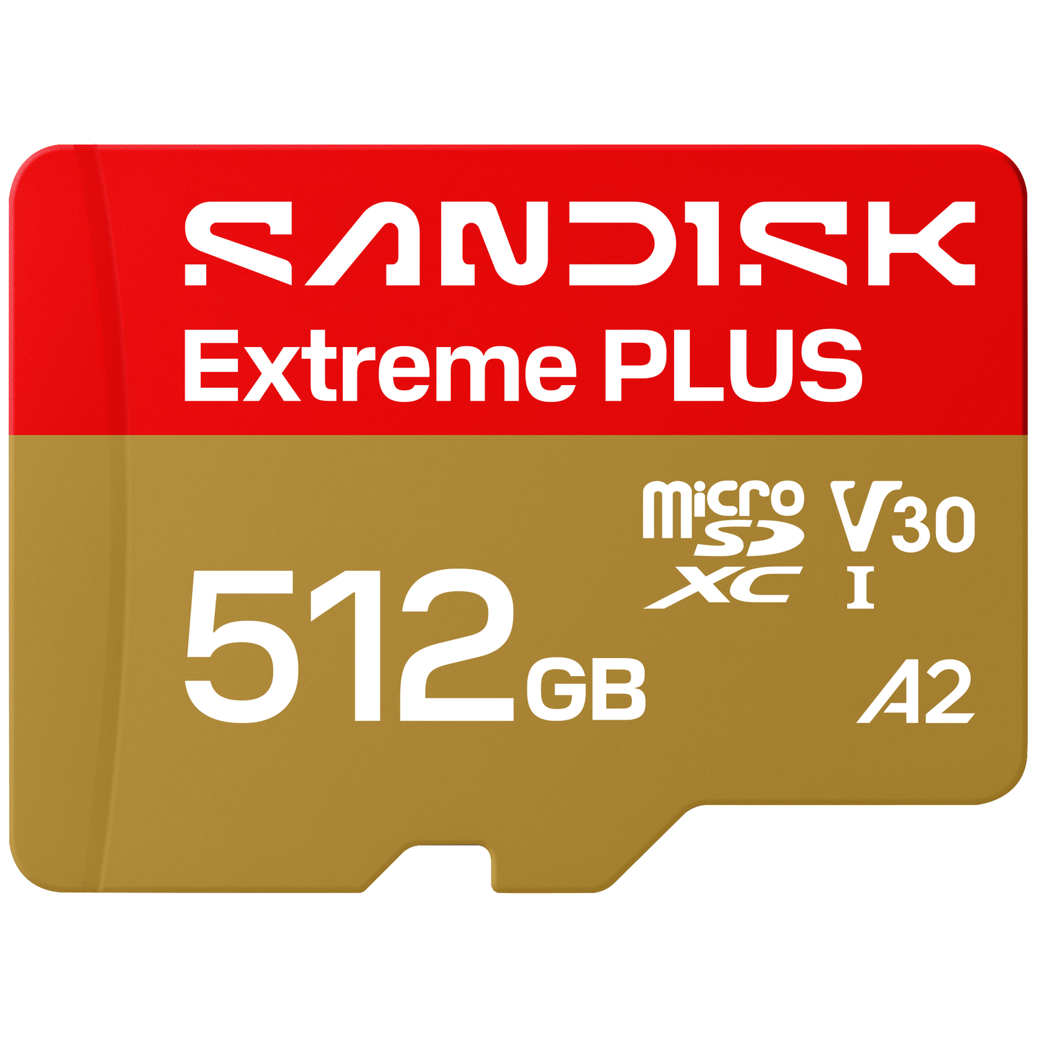 SanDisk Extreme PLUS 512 GB Micro SDXC card with V30 and A2 markings.