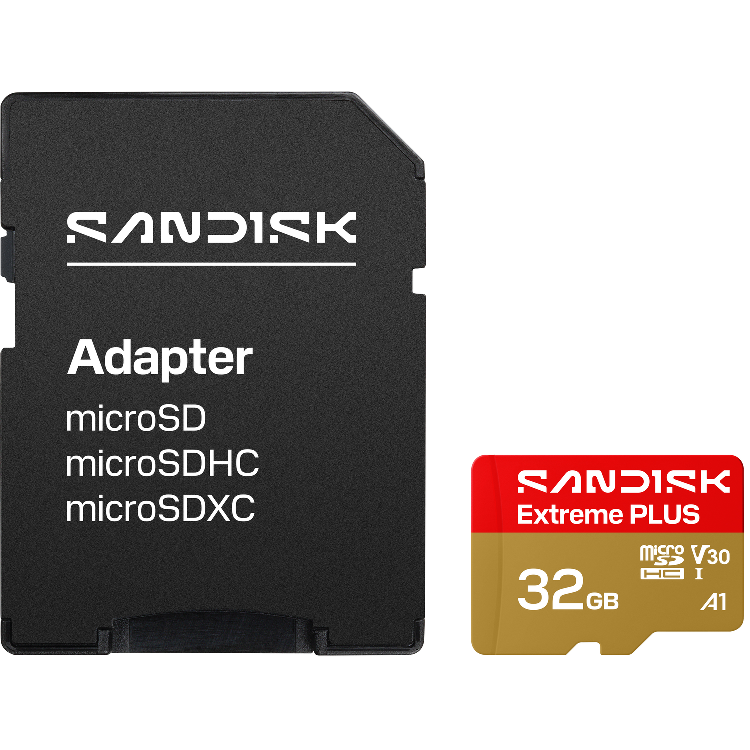 Sandisk adapter and 32GB microSD card with red and gold design.