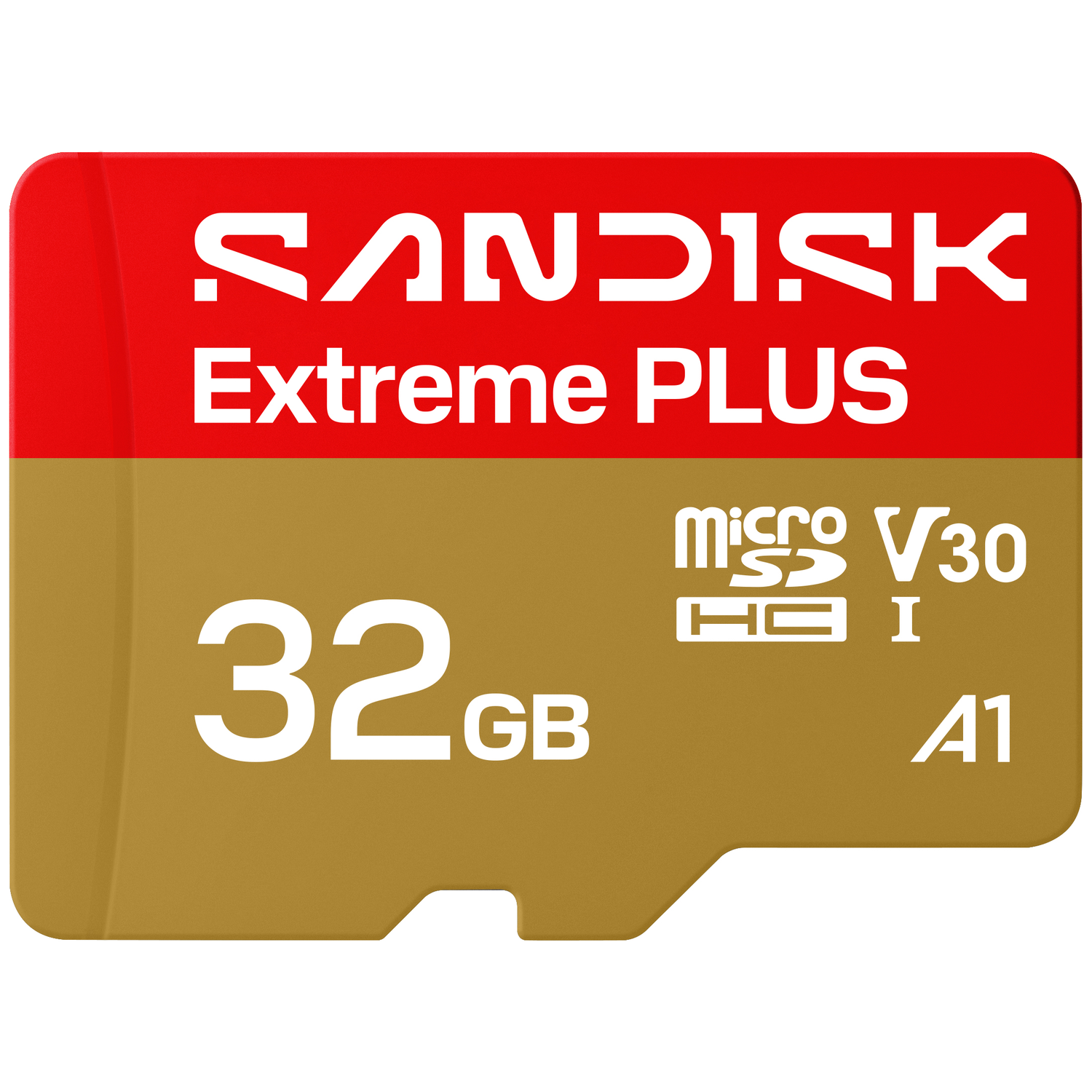 A gold MicroSD card with red 'SANDISK Extreme PLUS' print.