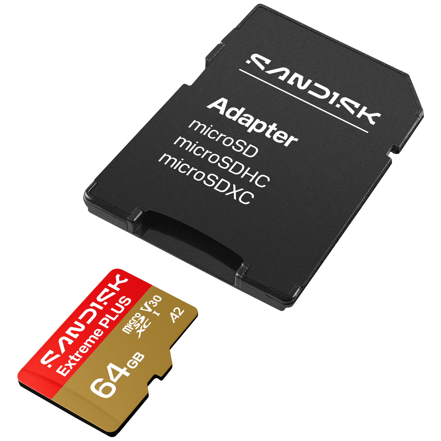 Sandisk adapter and 64GB microSDXC card on white background.