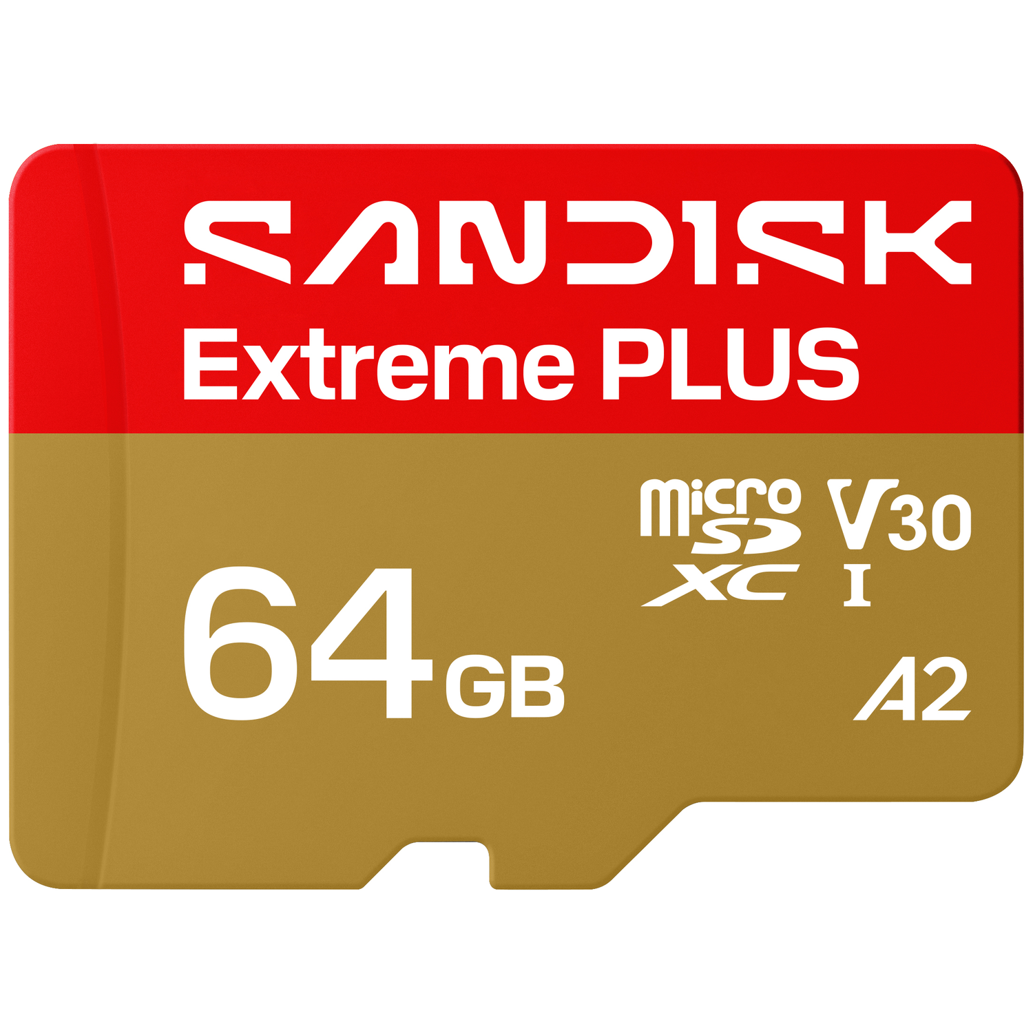 SanDisk Extreme PLUS 64GB MicroSDXC I A2 memory card. Gold and red.