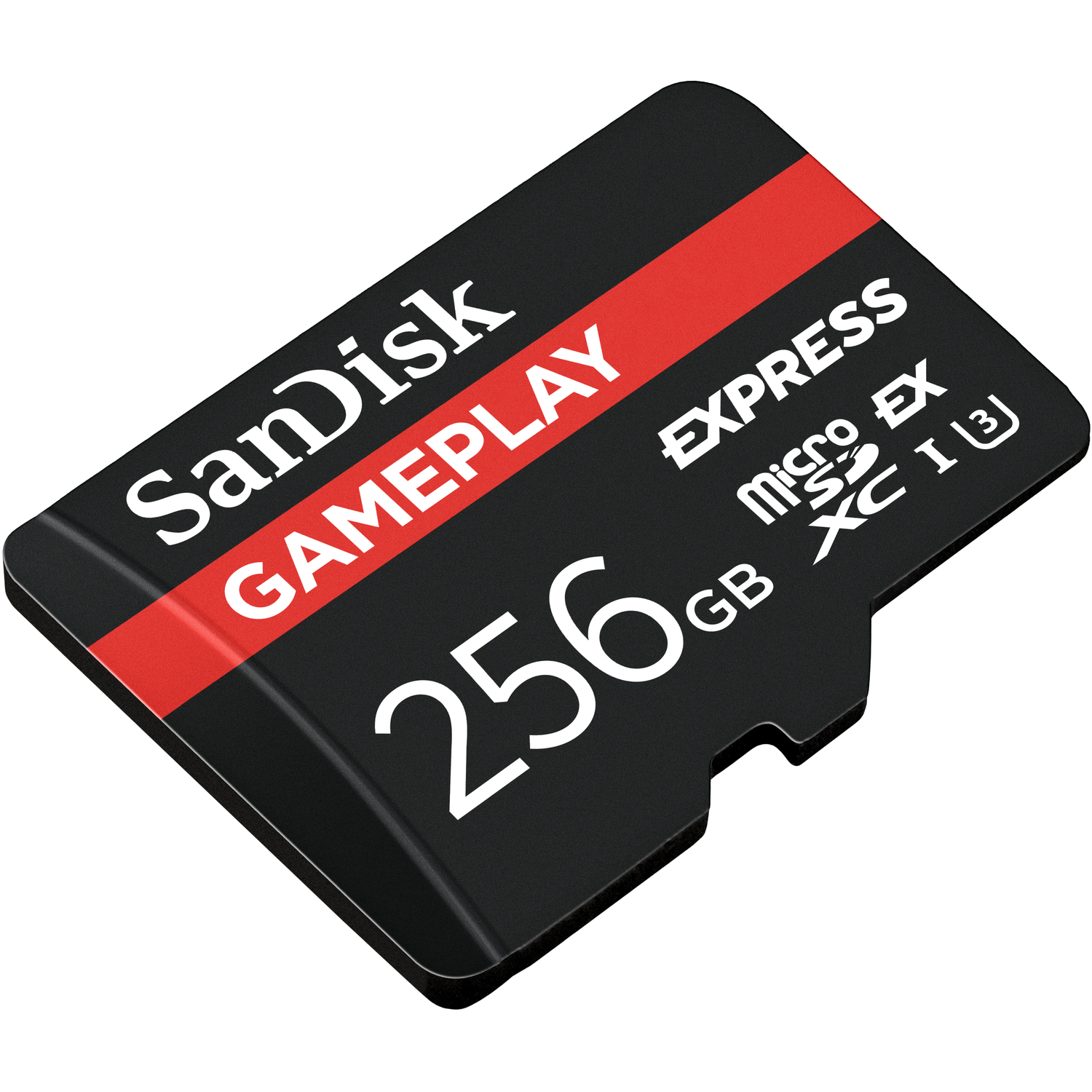 SanDisk 256GB microSDXC UHS-I memory card with red stripe and text.
