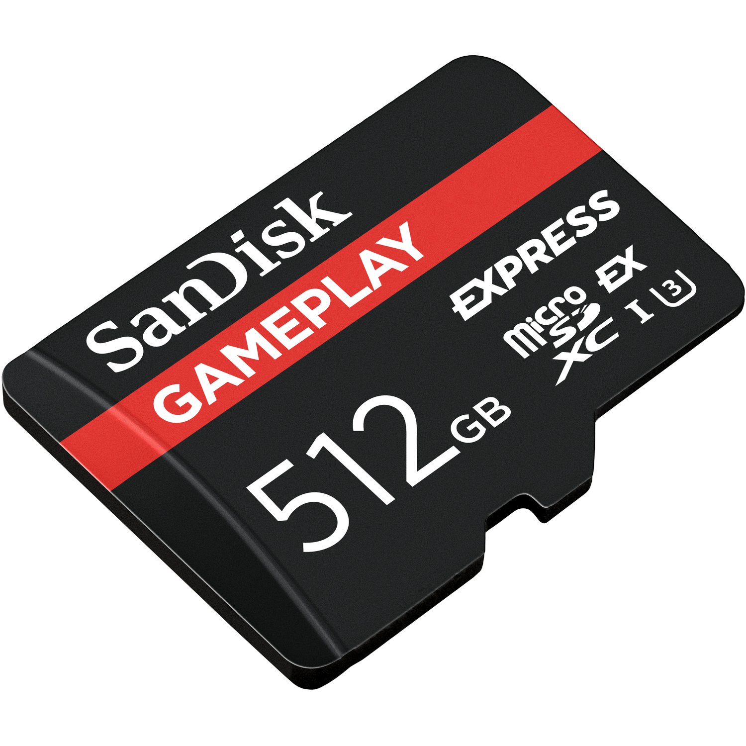 SanDisk 512GB MicroSDXC Express card with red stripe, for gameplay.
