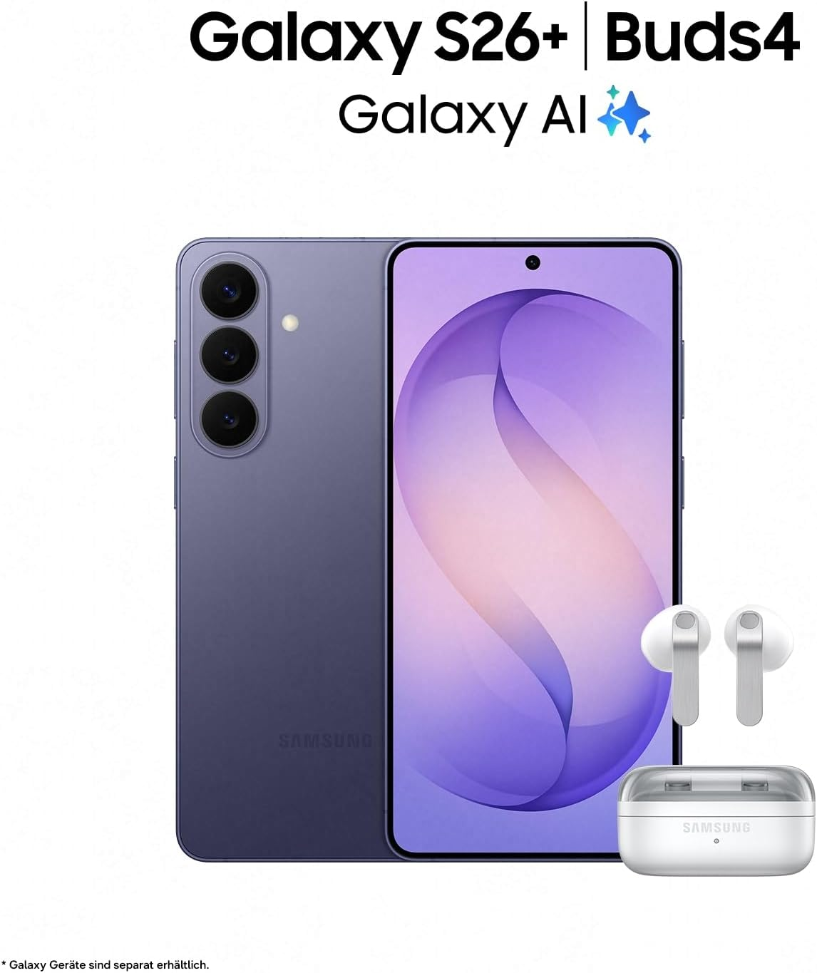 Ein lilafarbenes Samsung Galaxy S26+ Smartphone mit Galaxy Buds4 und Ladecase.