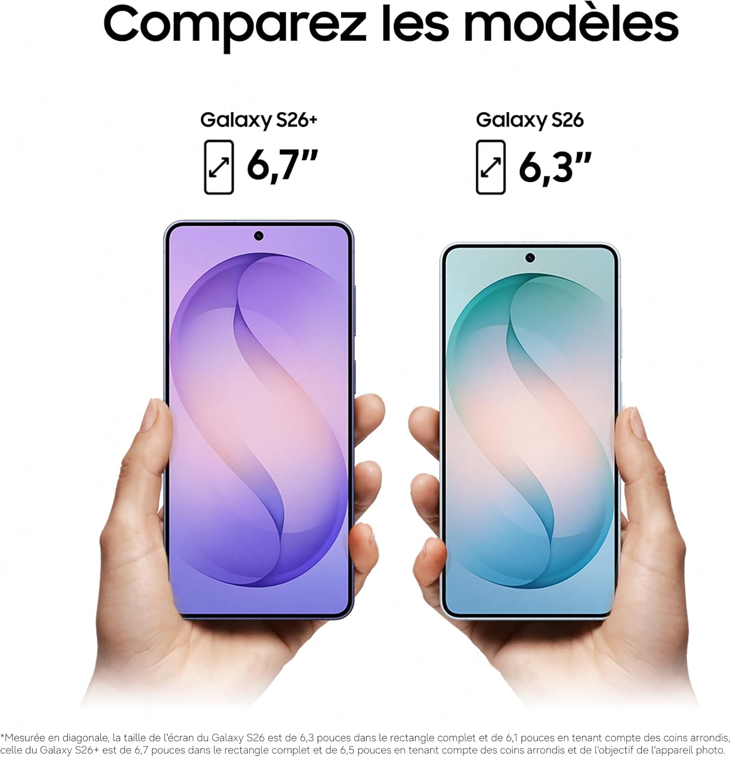 Mains tenant les Galaxy S26+ (6,7") et S26 (6,3") pour comparaison.