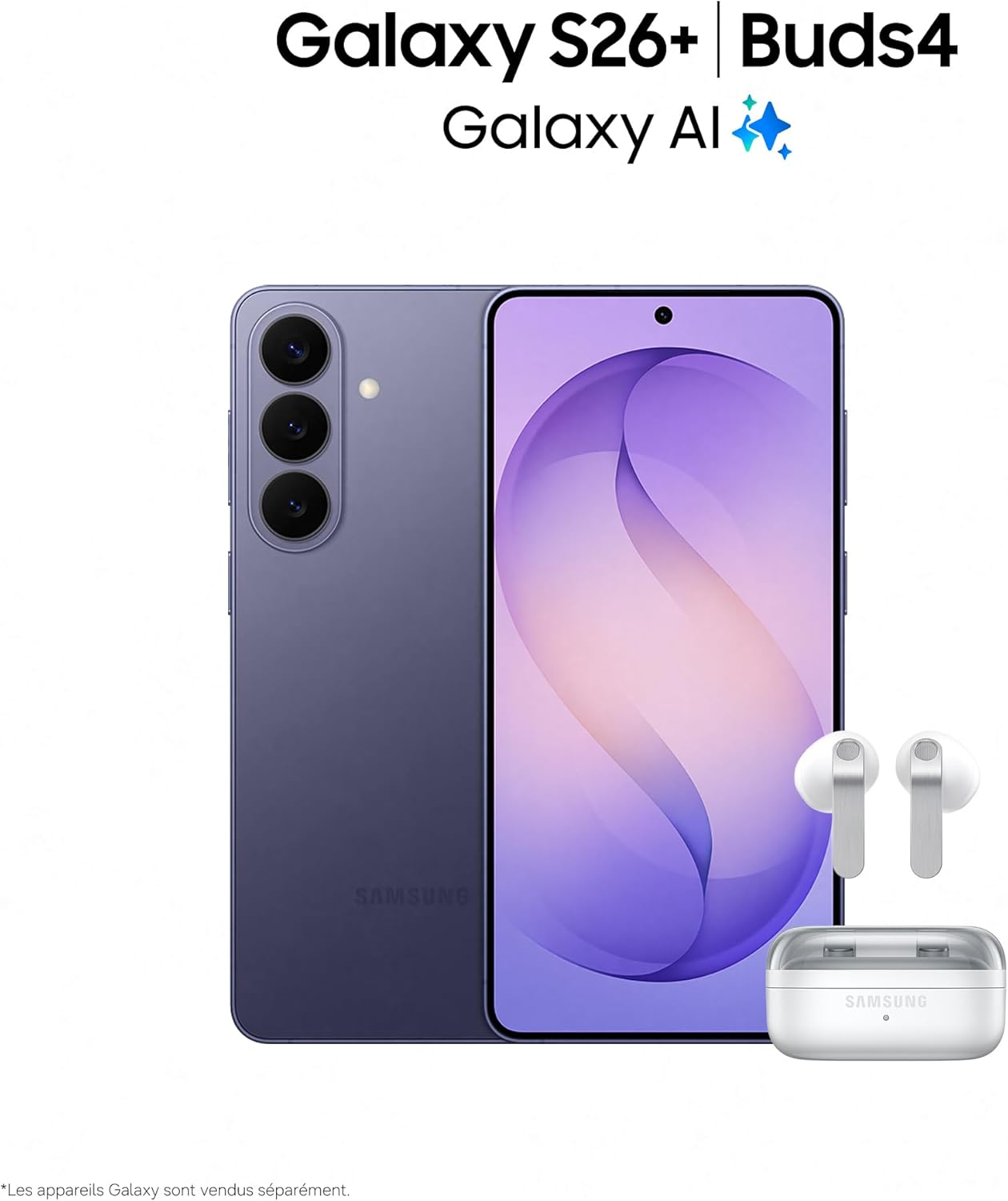 Un smartphone Samsung Galaxy S26+ violet à côté des écouteurs Galaxy Buds4.