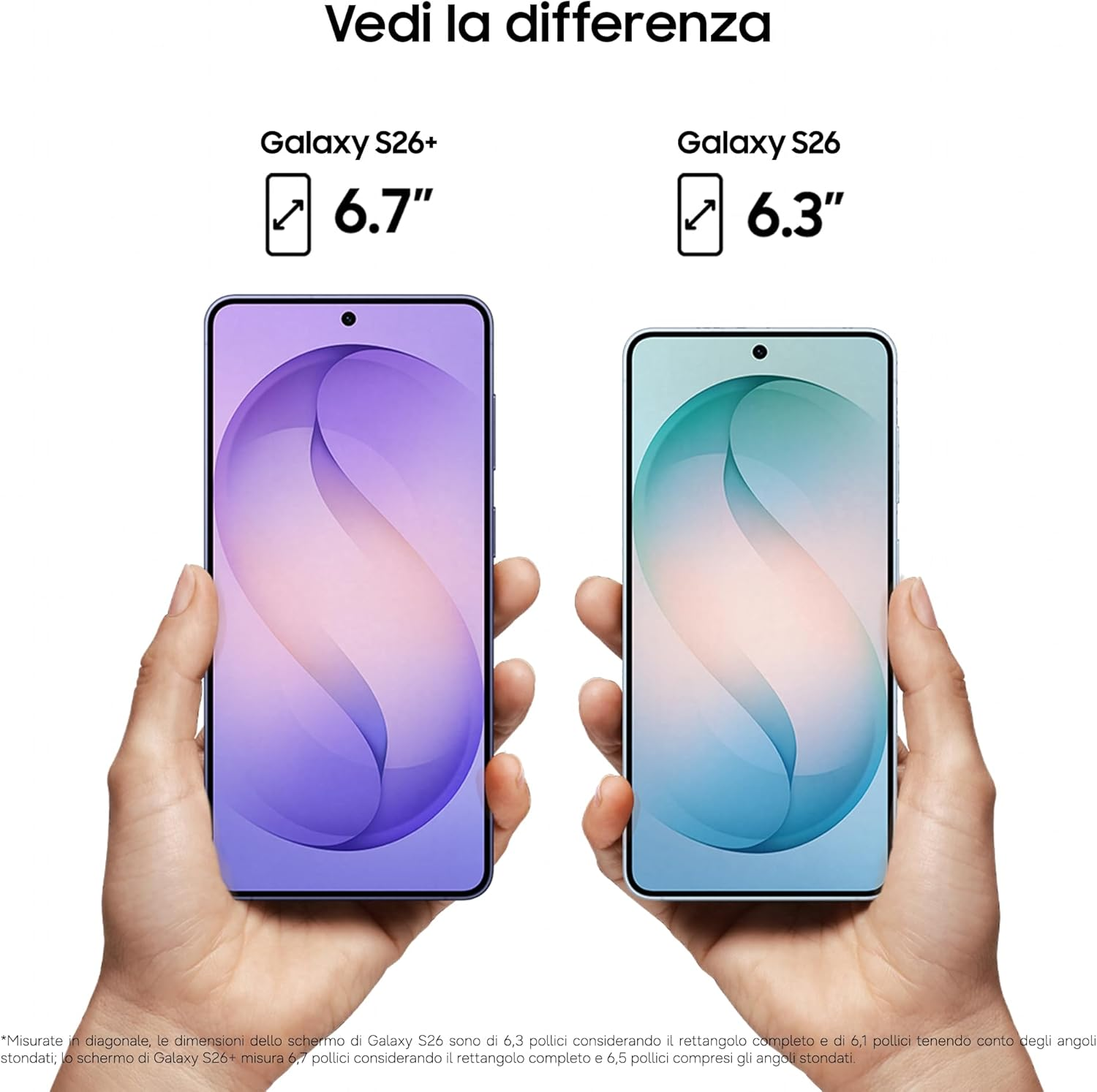 Due mani tengono smartphone Samsung Galaxy, S26+ (6,7 pollici) e S26 (6,3 pollici).