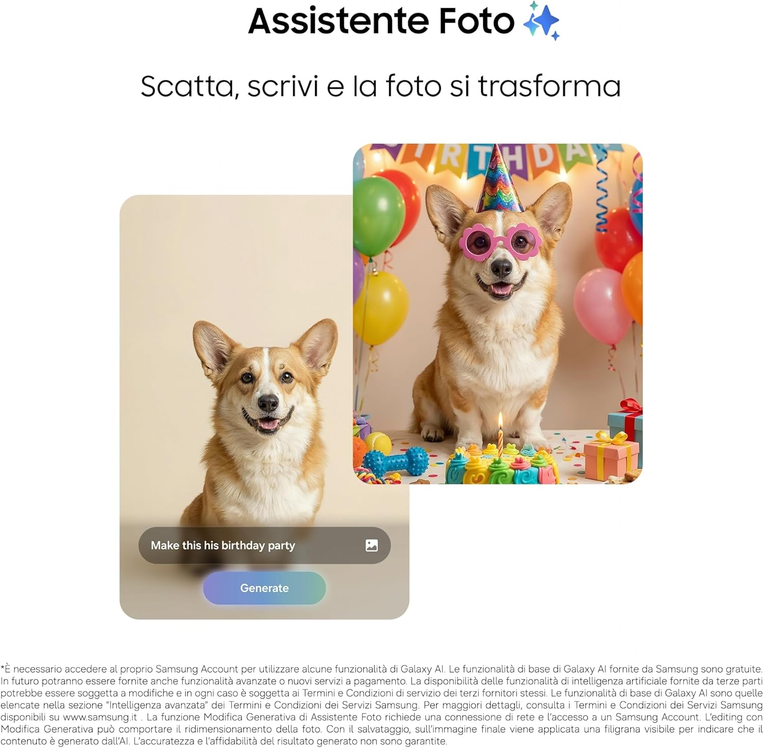 Un corgi con cappello e occhiali festeggia un compleanno con palloncini e torta.