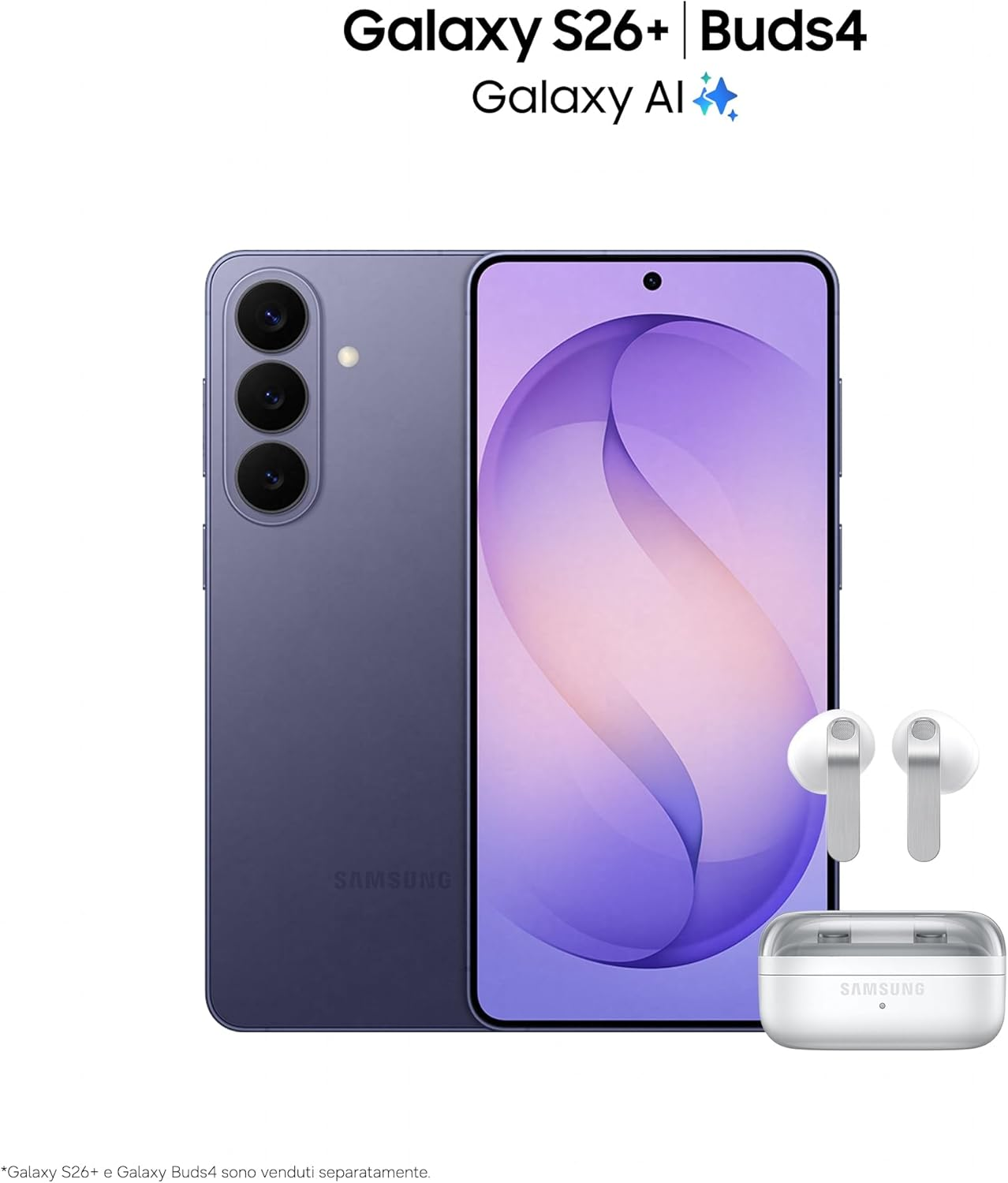 Samsung Galaxy S26+ viola con tre fotocamere accanto a uno smartphone e Galaxy Buds.