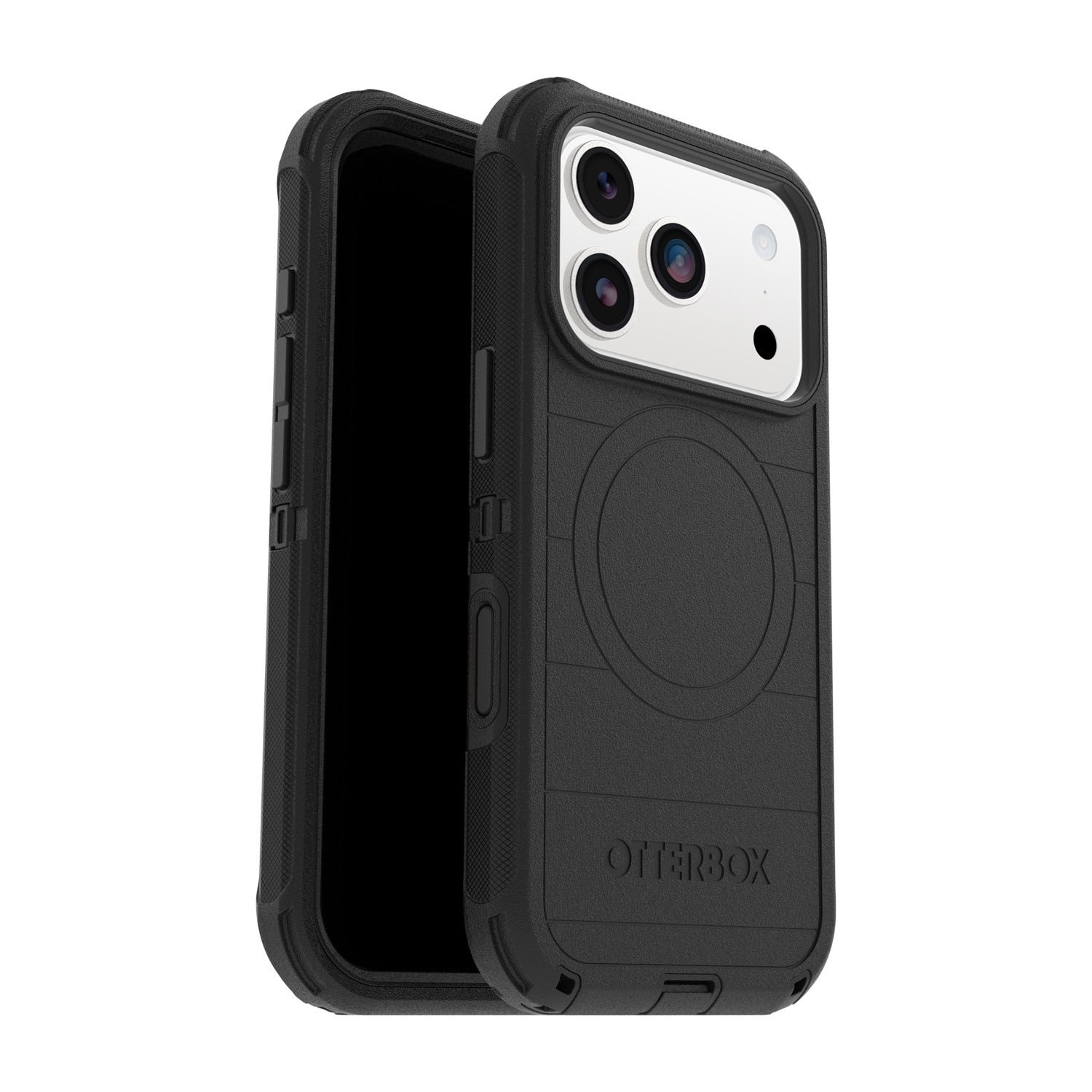 Custodia nera Otterbox per telefono con tre obiettivi e motivo circolare.
