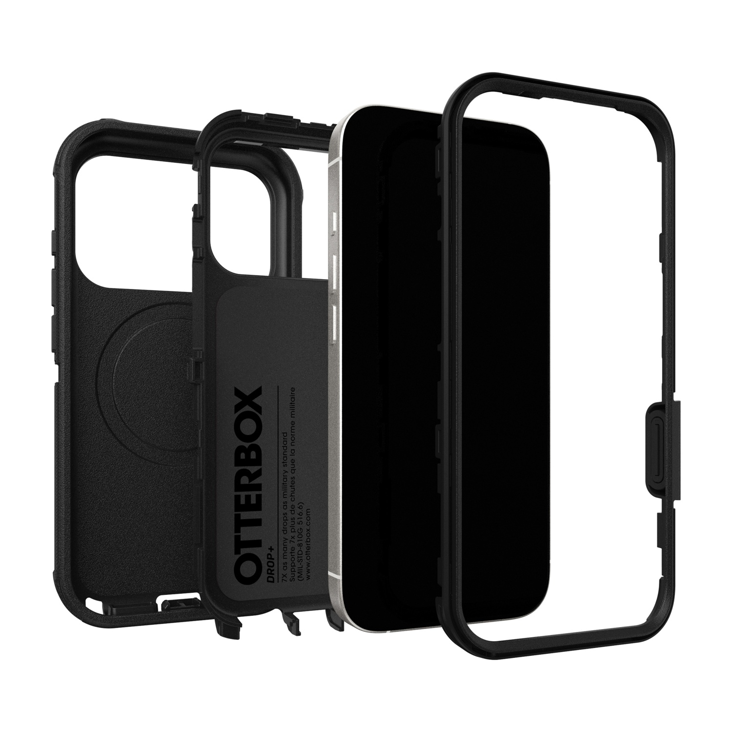 Vista esplosa di una custodia Otterbox nera con un telefono argentato all'interno.