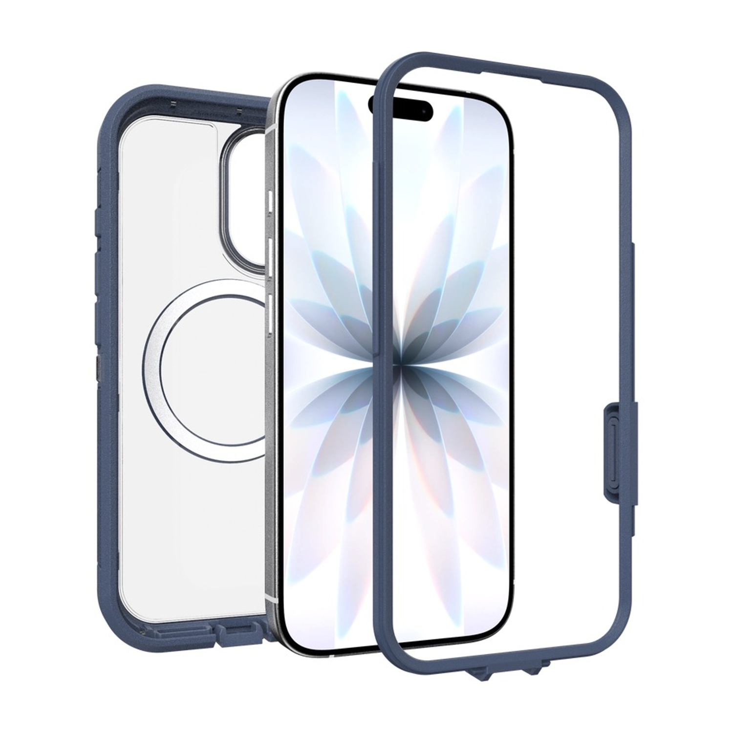 Una custodia protettiva blu per iPhone mostrata in due parti.