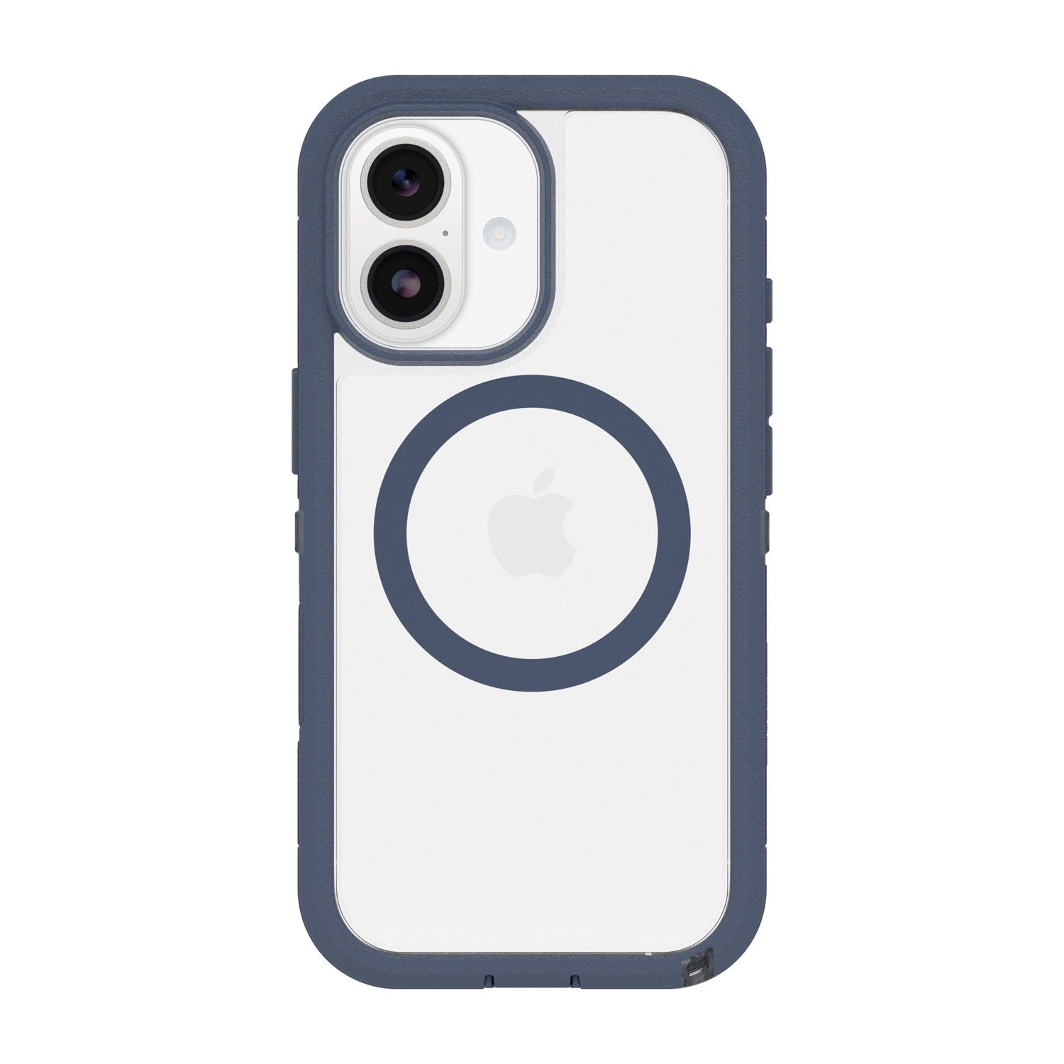 Una cover trasparente con bordo blu, due fotocamere posteriori e logo Apple.